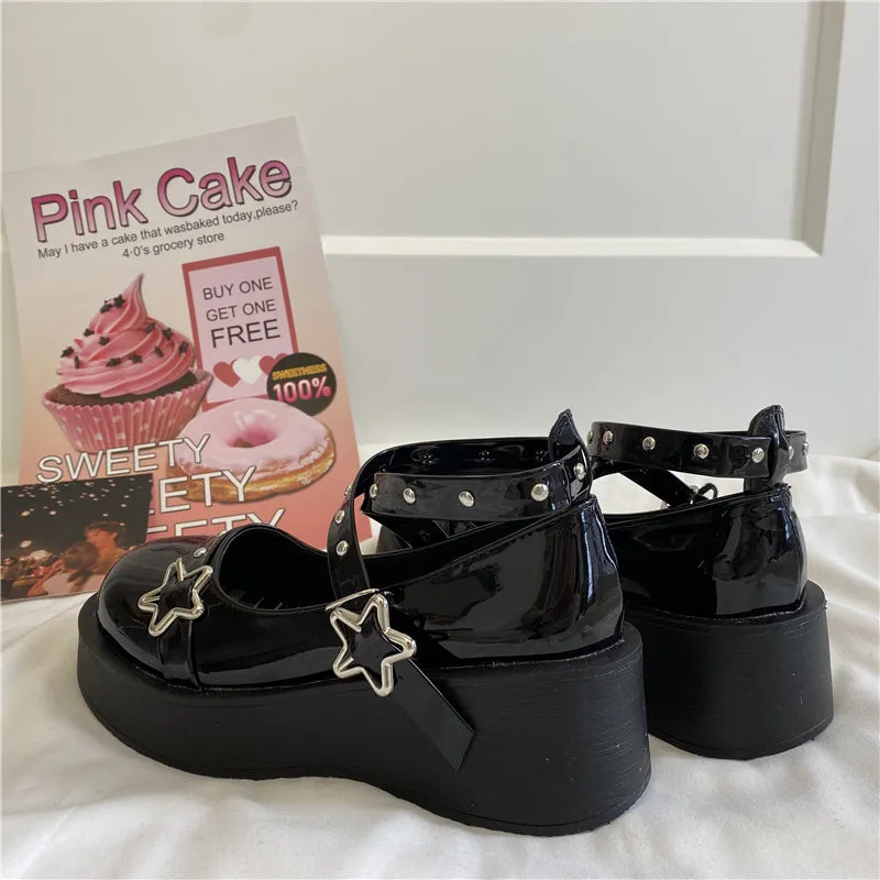 LOLITA STAR BUCKLE BLACK LEATHER SHOES UB2759