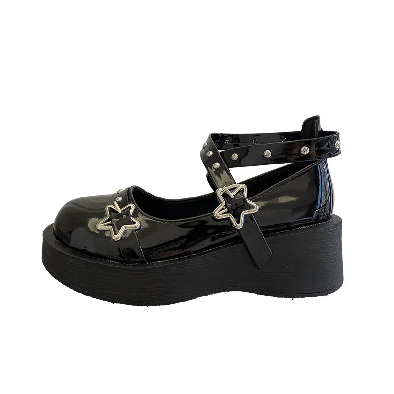LOLITA STAR BUCKLE BLACK LEATHER SHOES UB2759