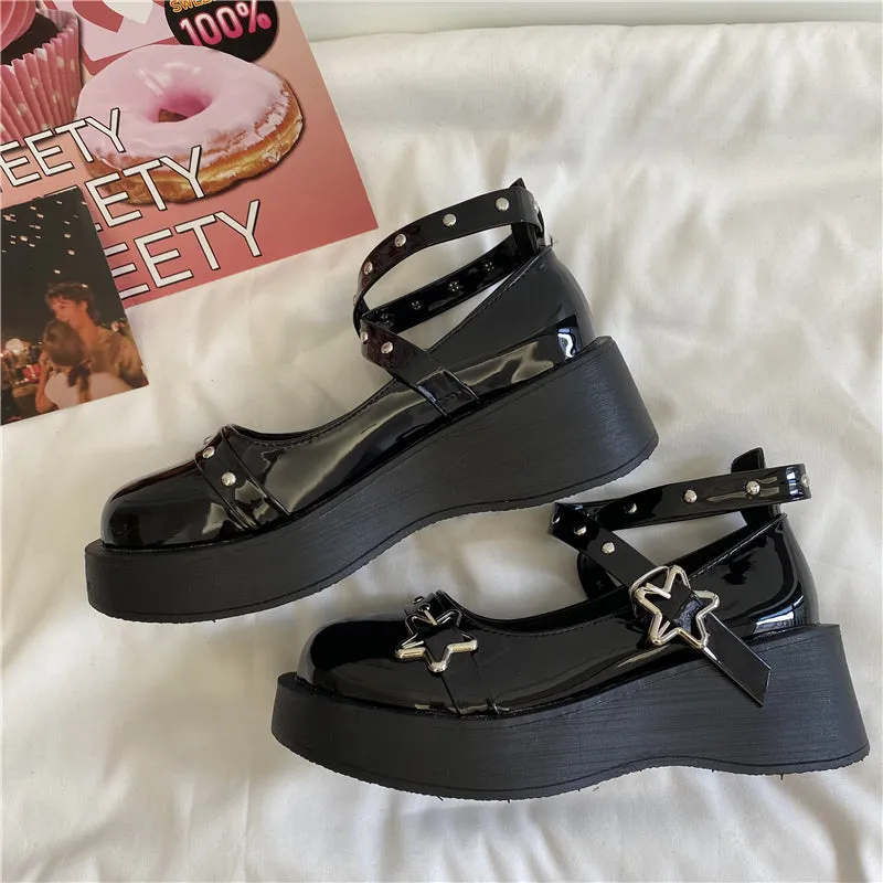 LOLITA STAR BUCKLE BLACK LEATHER SHOES UB2759