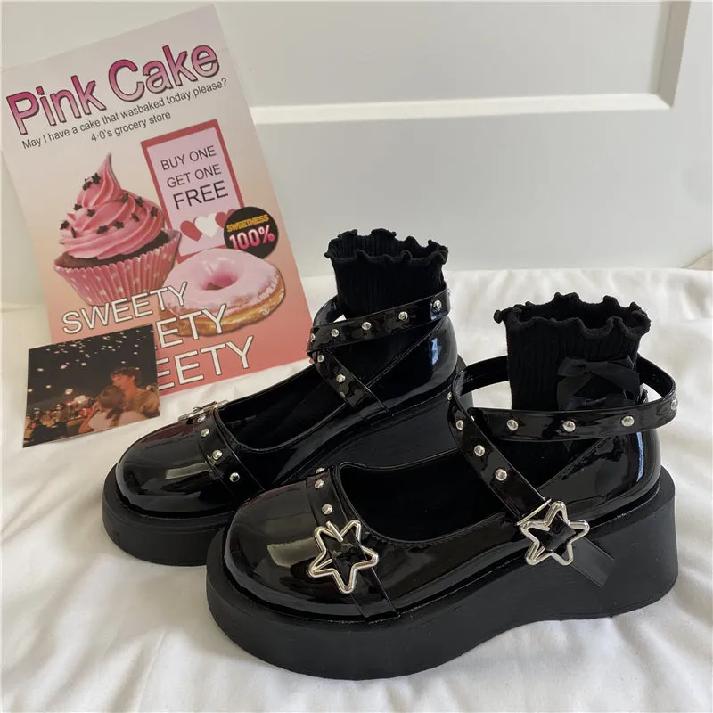 LOLITA STAR BUCKLE BLACK LEATHER SHOES UB2759