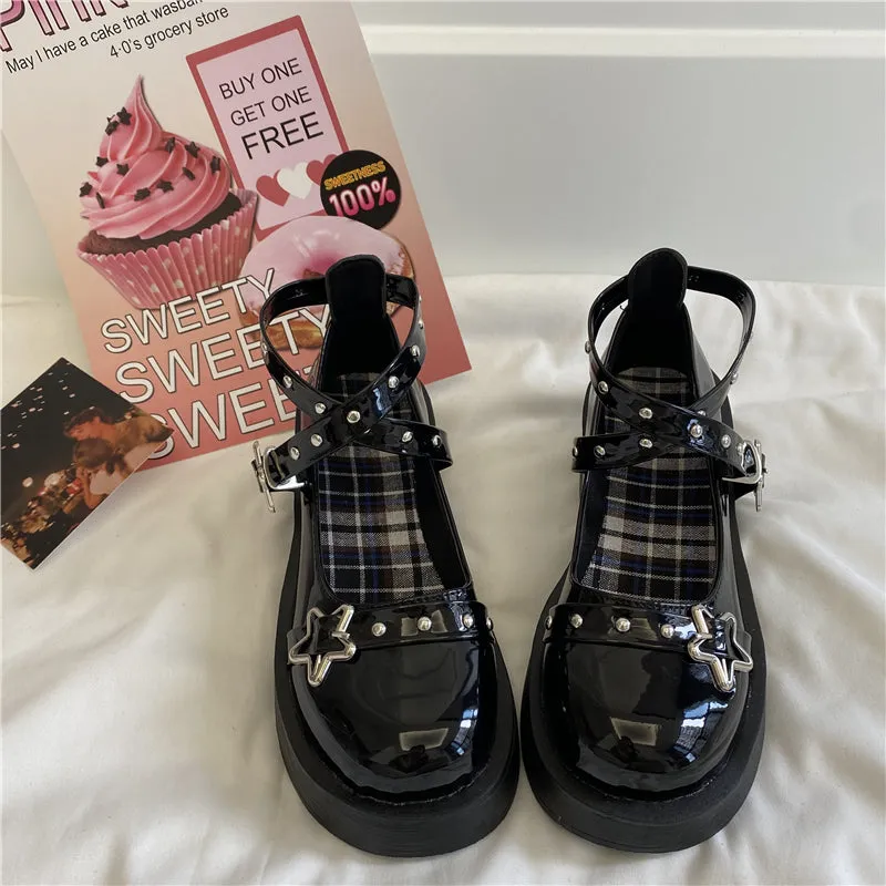 LOLITA STAR BUCKLE BLACK LEATHER SHOES UB2759