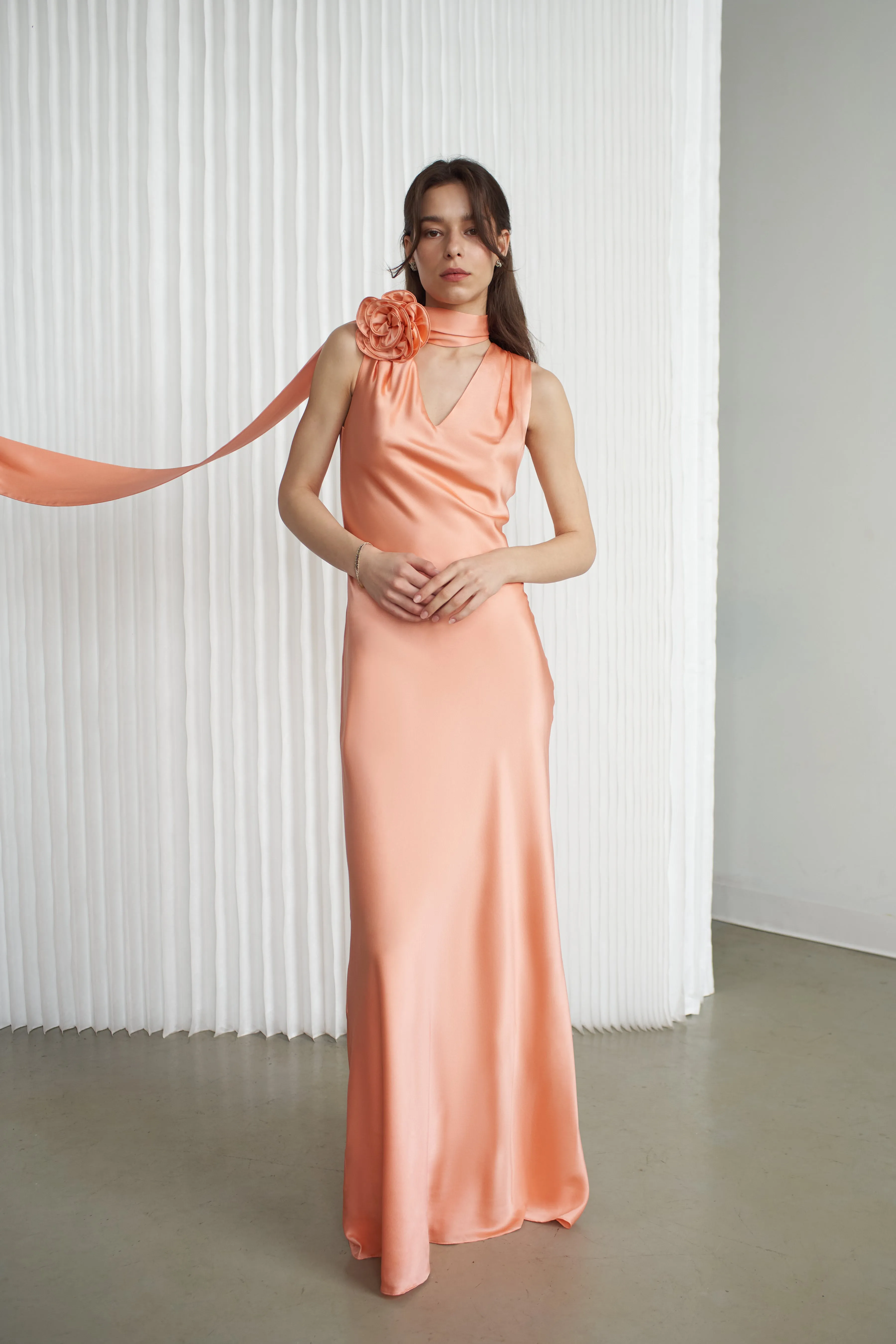 Luna Silk Bias Cut Dress Peach Nectar