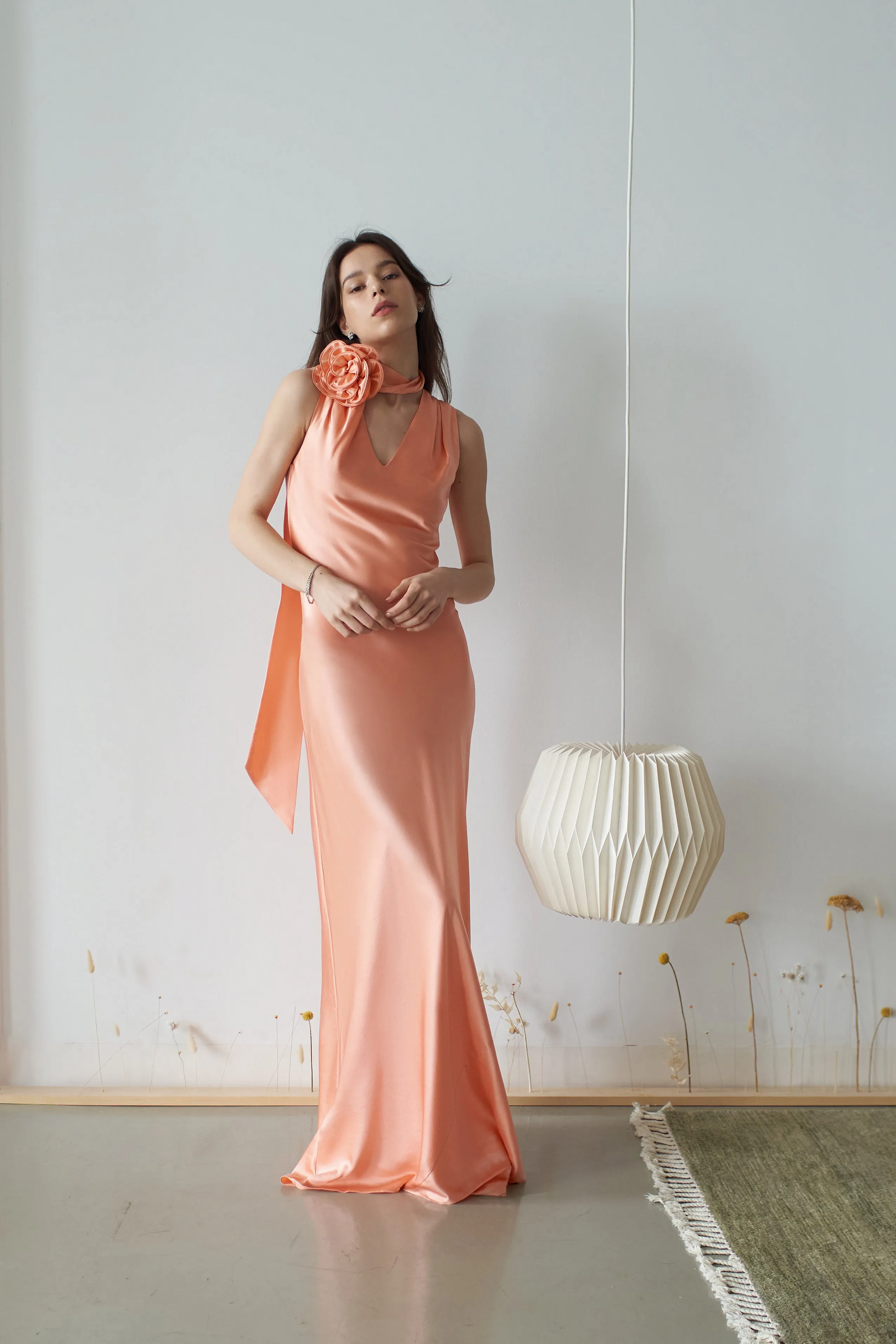Luna Silk Bias Cut Dress Peach Nectar