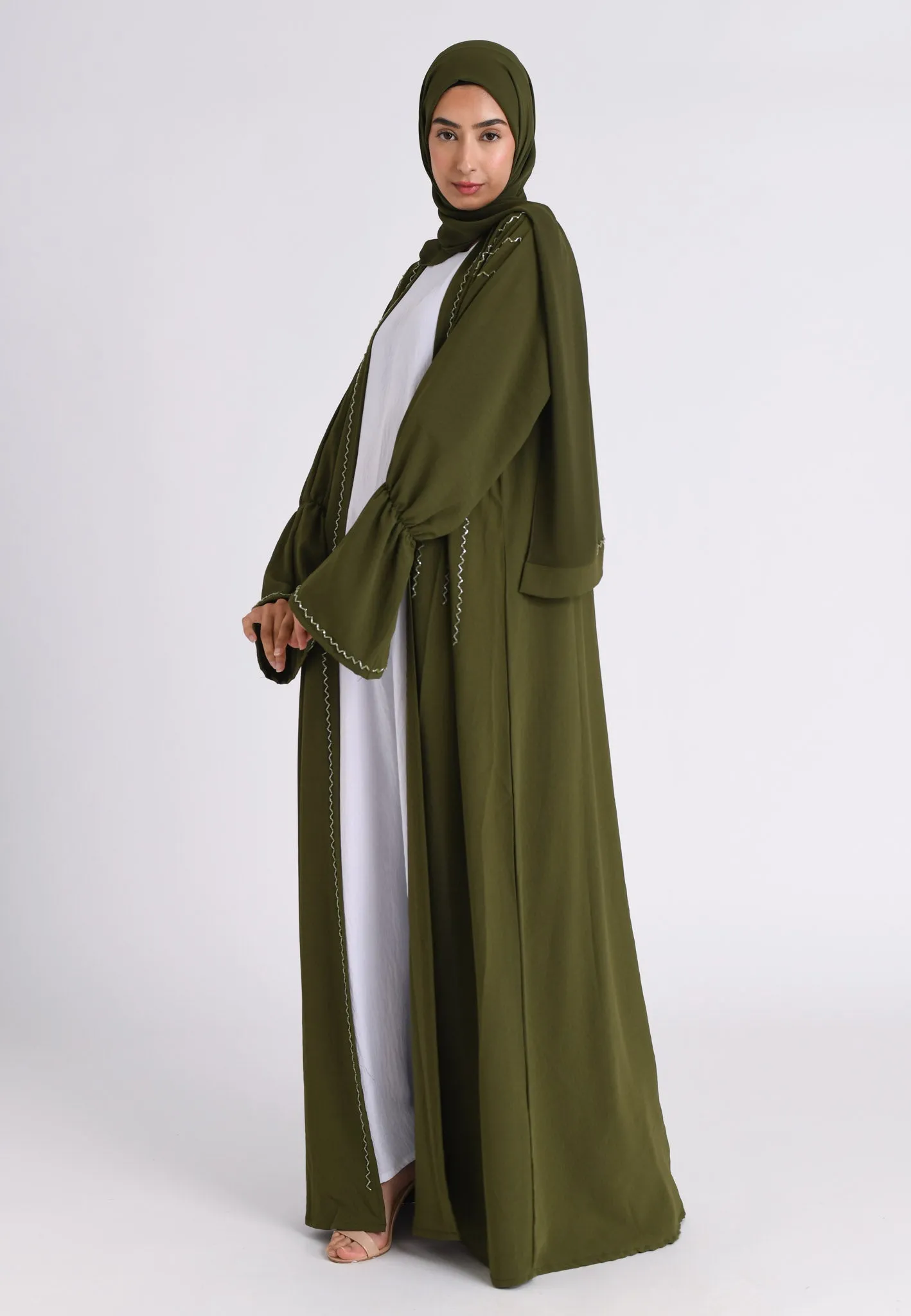 Luxury Khaki Kimono Open Abaya Set (Premium)