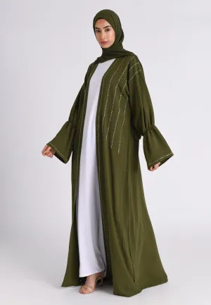 Luxury Khaki Kimono Open Abaya Set (Premium)