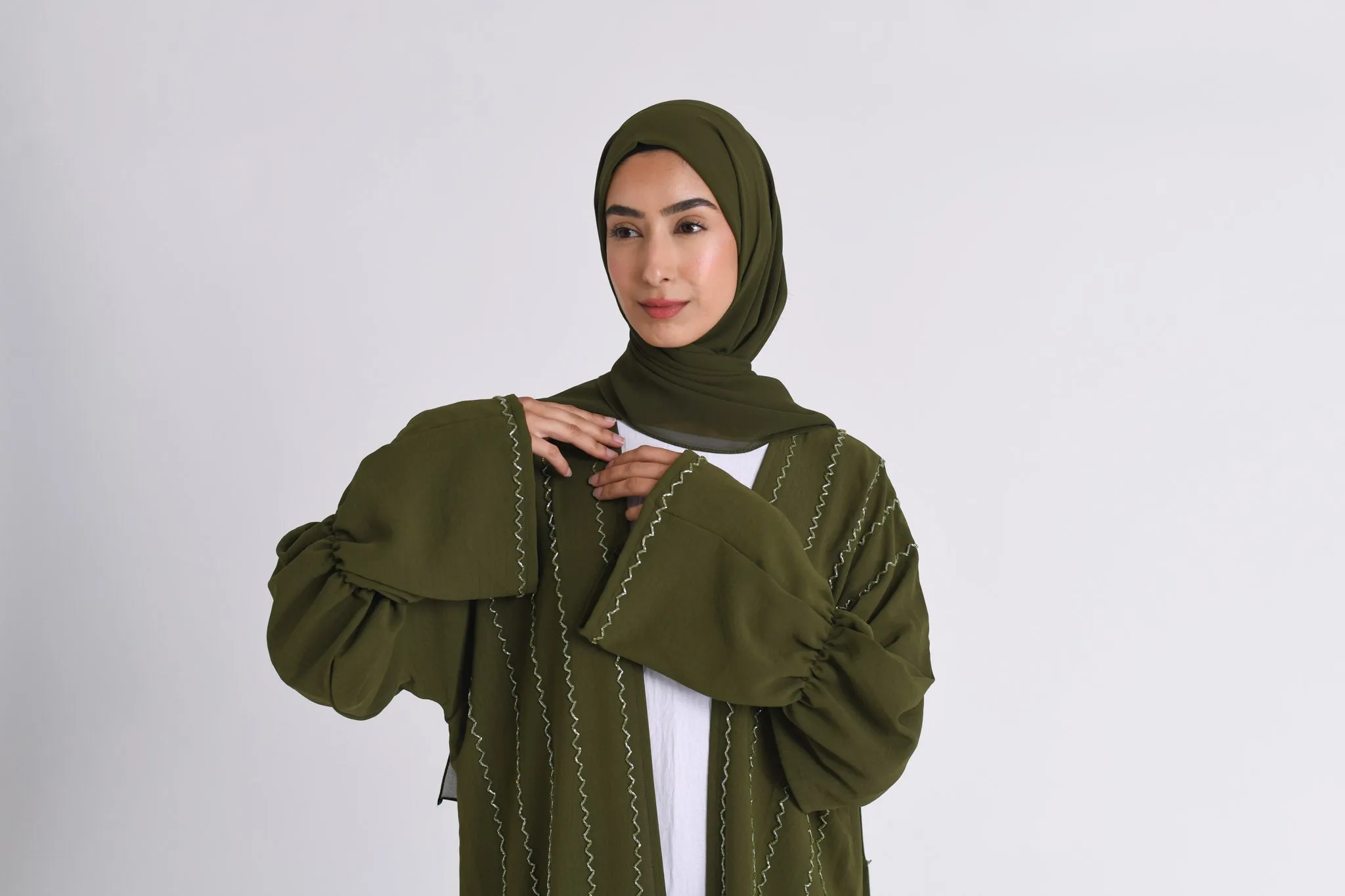 Luxury Khaki Kimono Open Abaya Set (Premium)