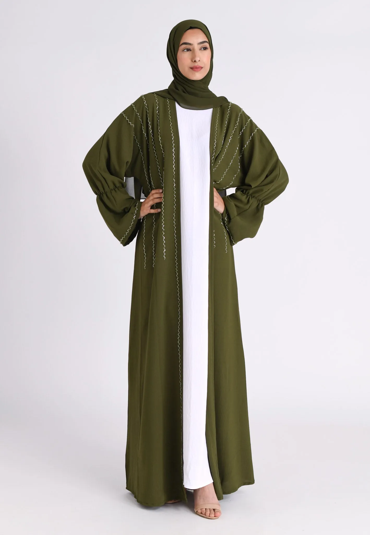 Luxury Khaki Kimono Open Abaya Set (Premium)