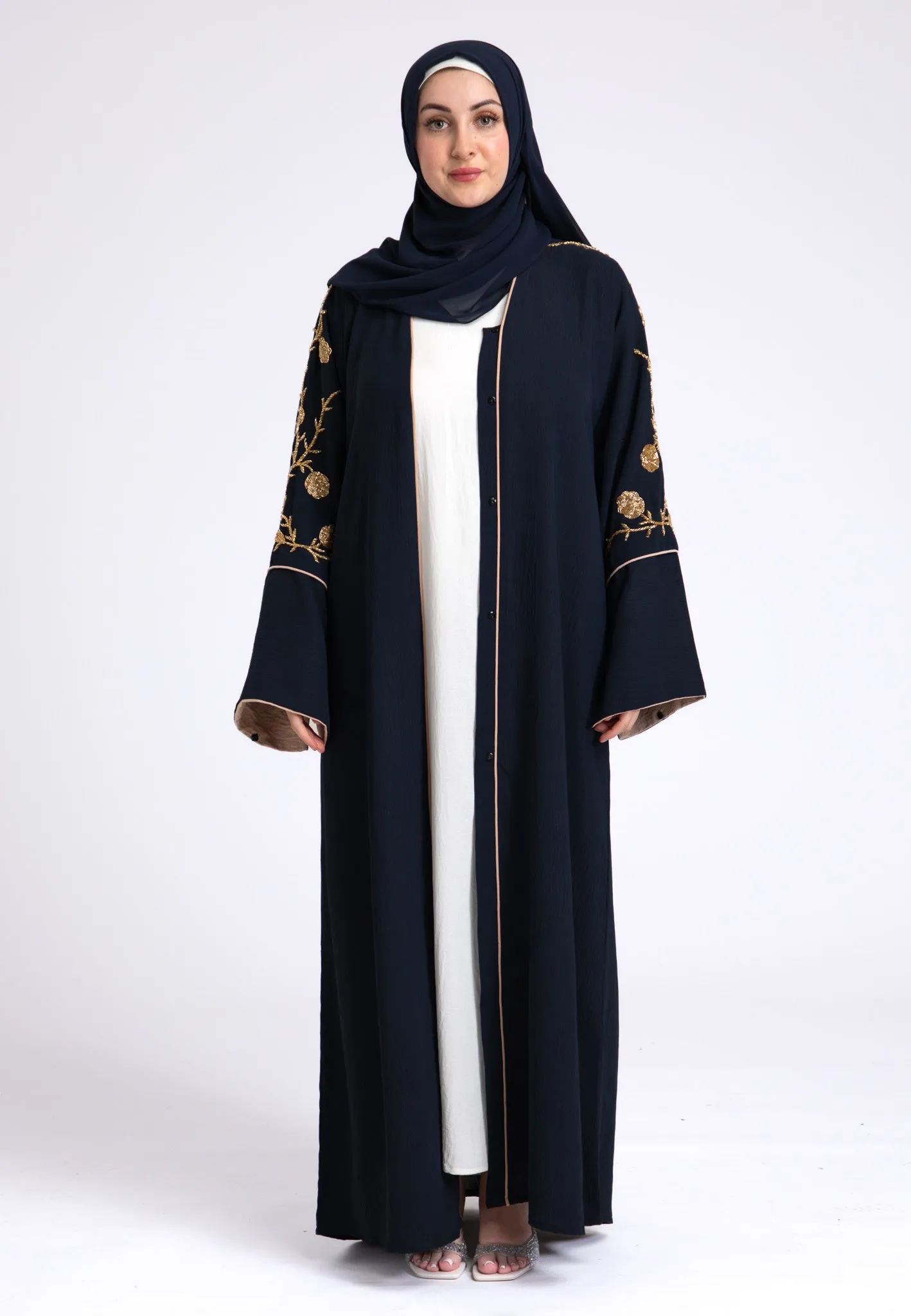 Luxury Midnight Navy Embellished Open Abaya (Premium)