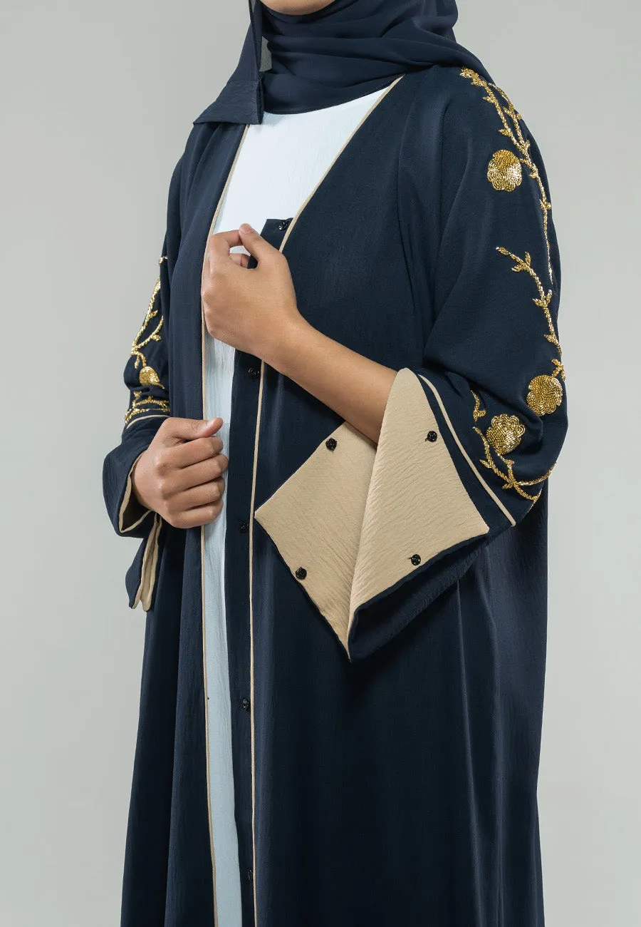 Luxury Midnight Navy Embellished Open Abaya (Premium)