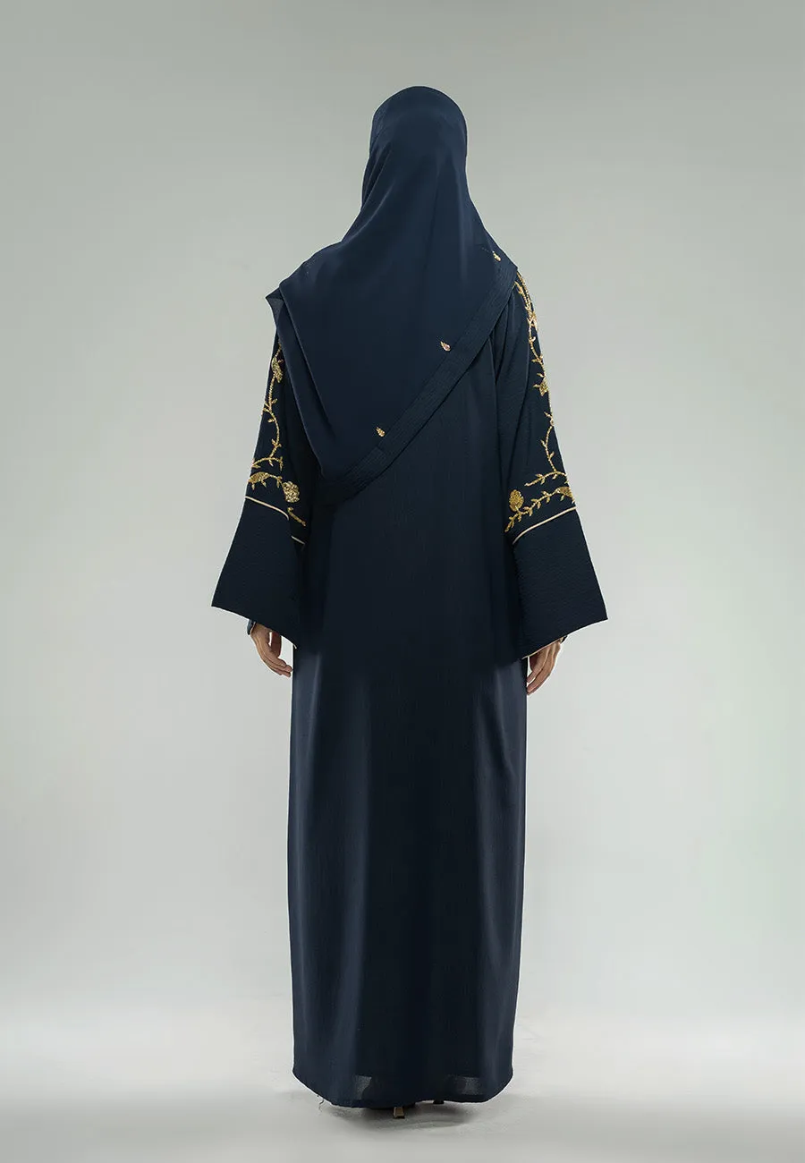 Luxury Midnight Navy Embellished Open Abaya (Premium)