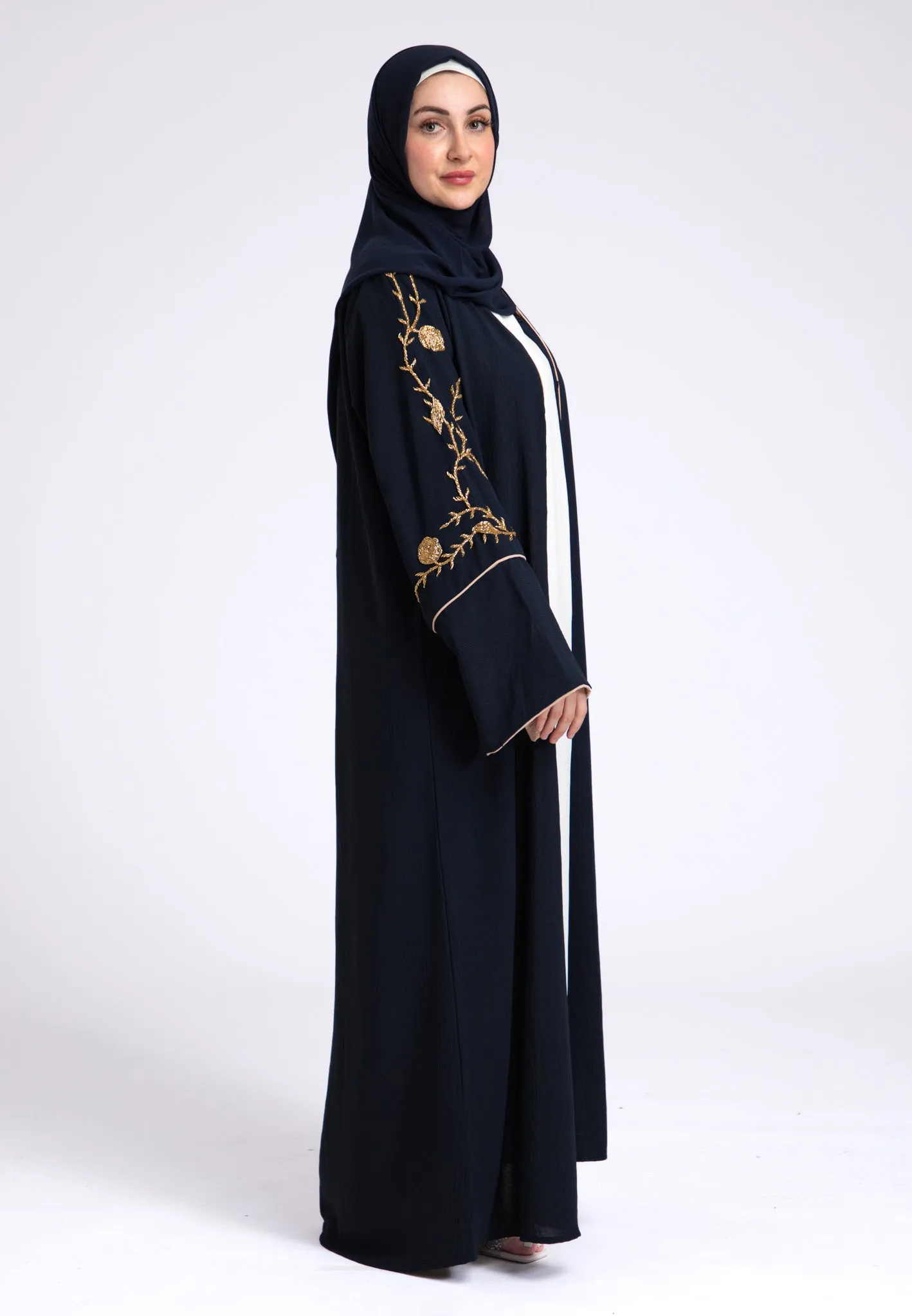 Luxury Midnight Navy Embellished Open Abaya (Premium)