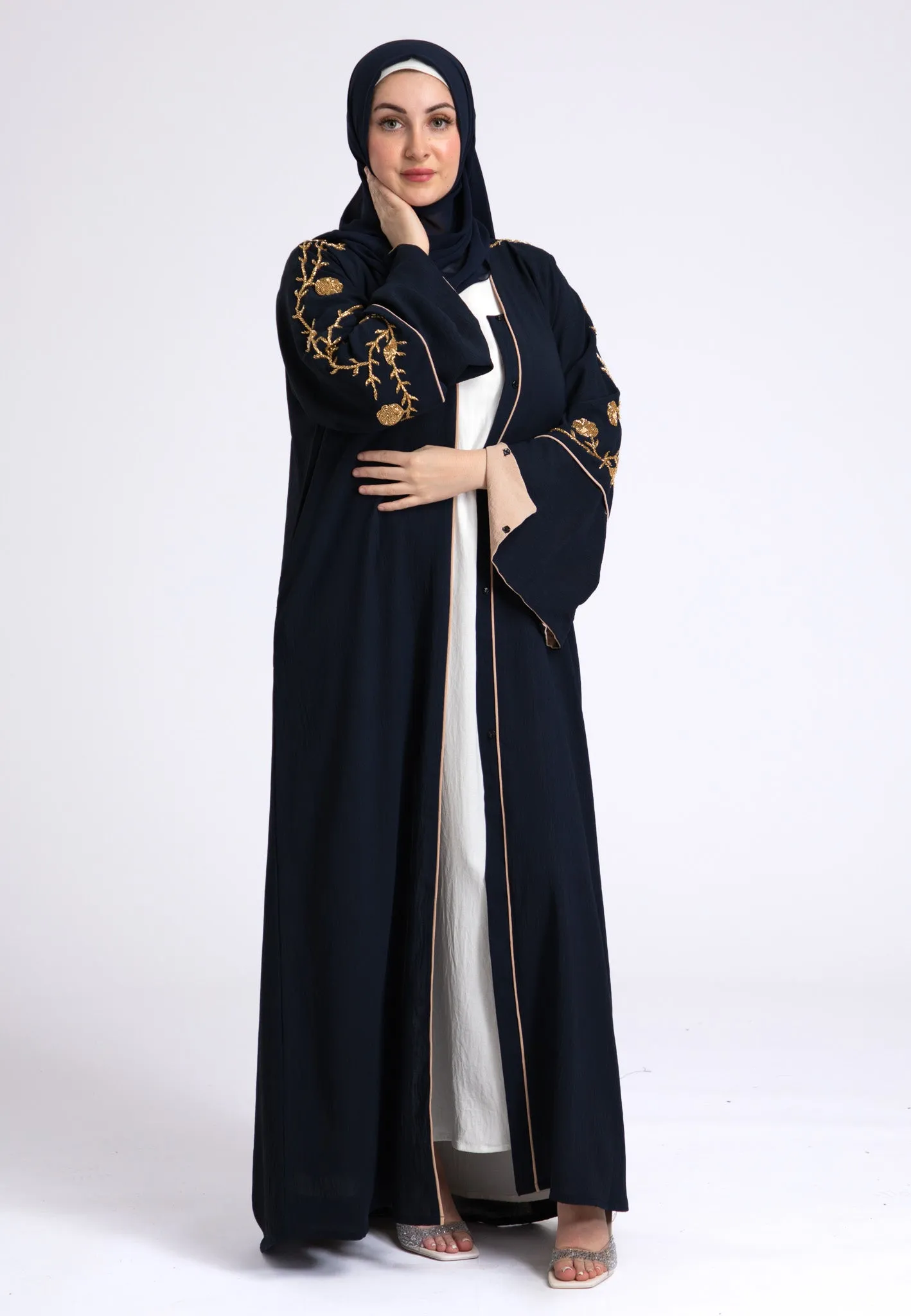 Luxury Midnight Navy Embellished Open Abaya (Premium)