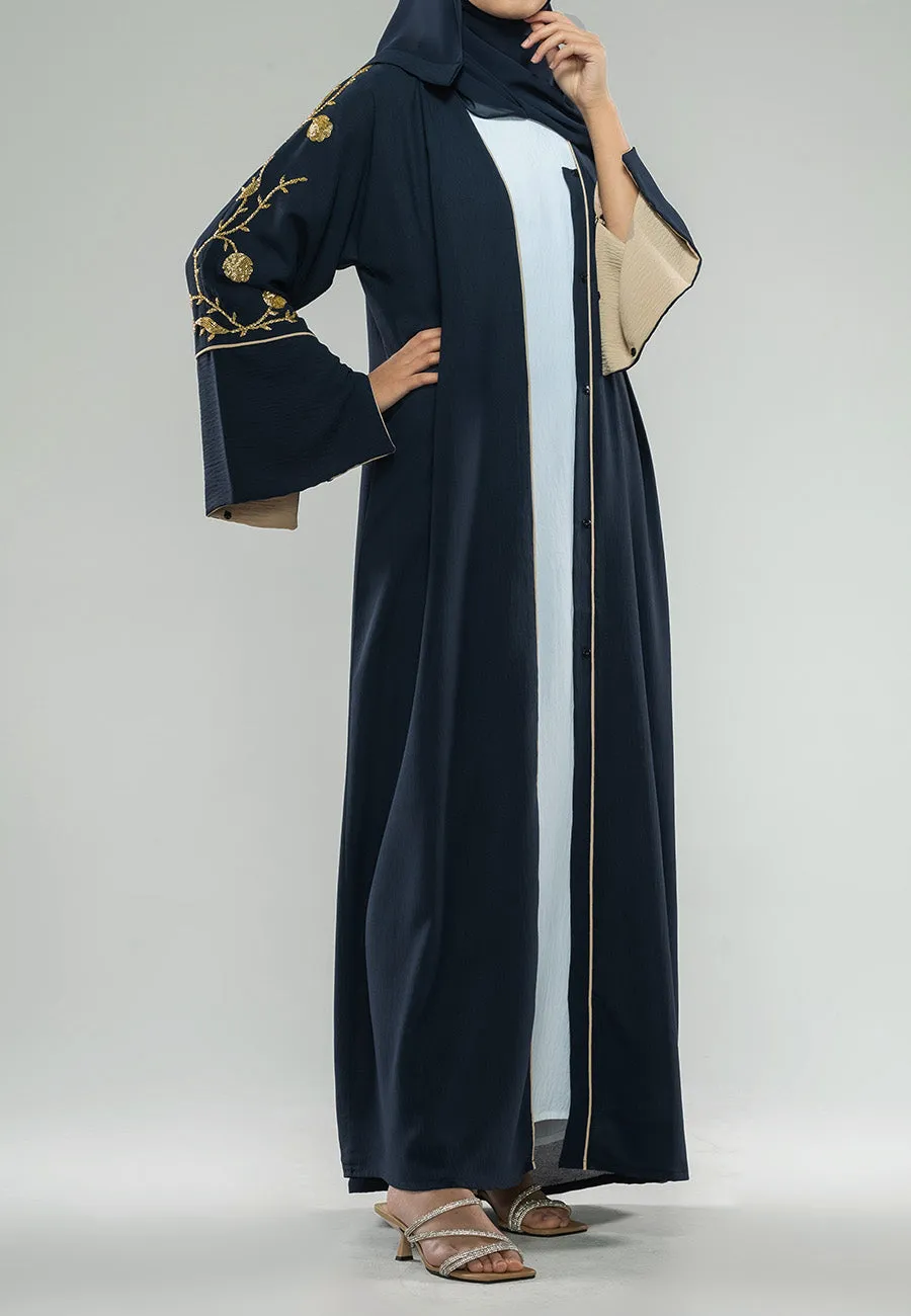Luxury Midnight Navy Embellished Open Abaya (Premium)