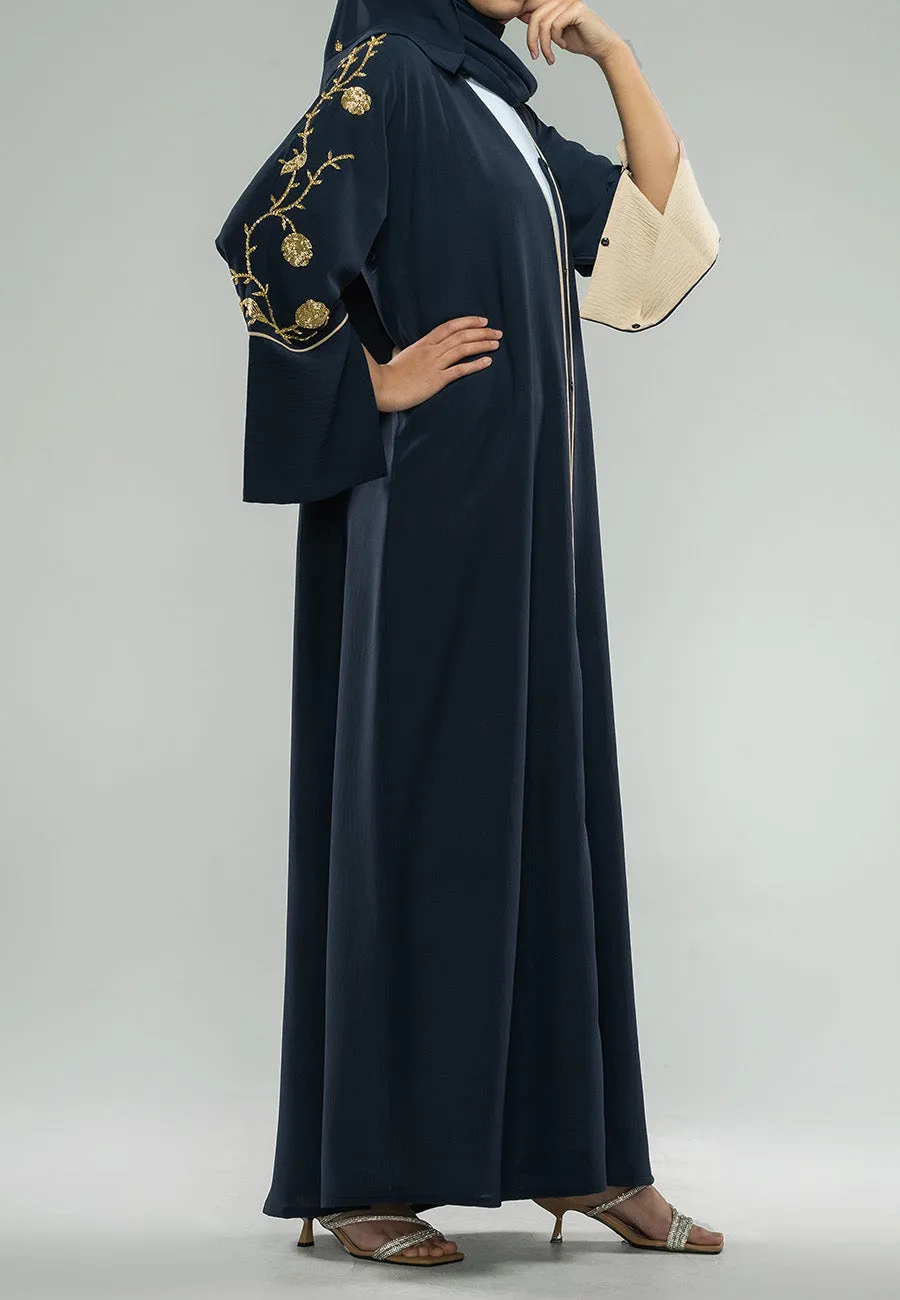 Luxury Midnight Navy Embellished Open Abaya (Premium)