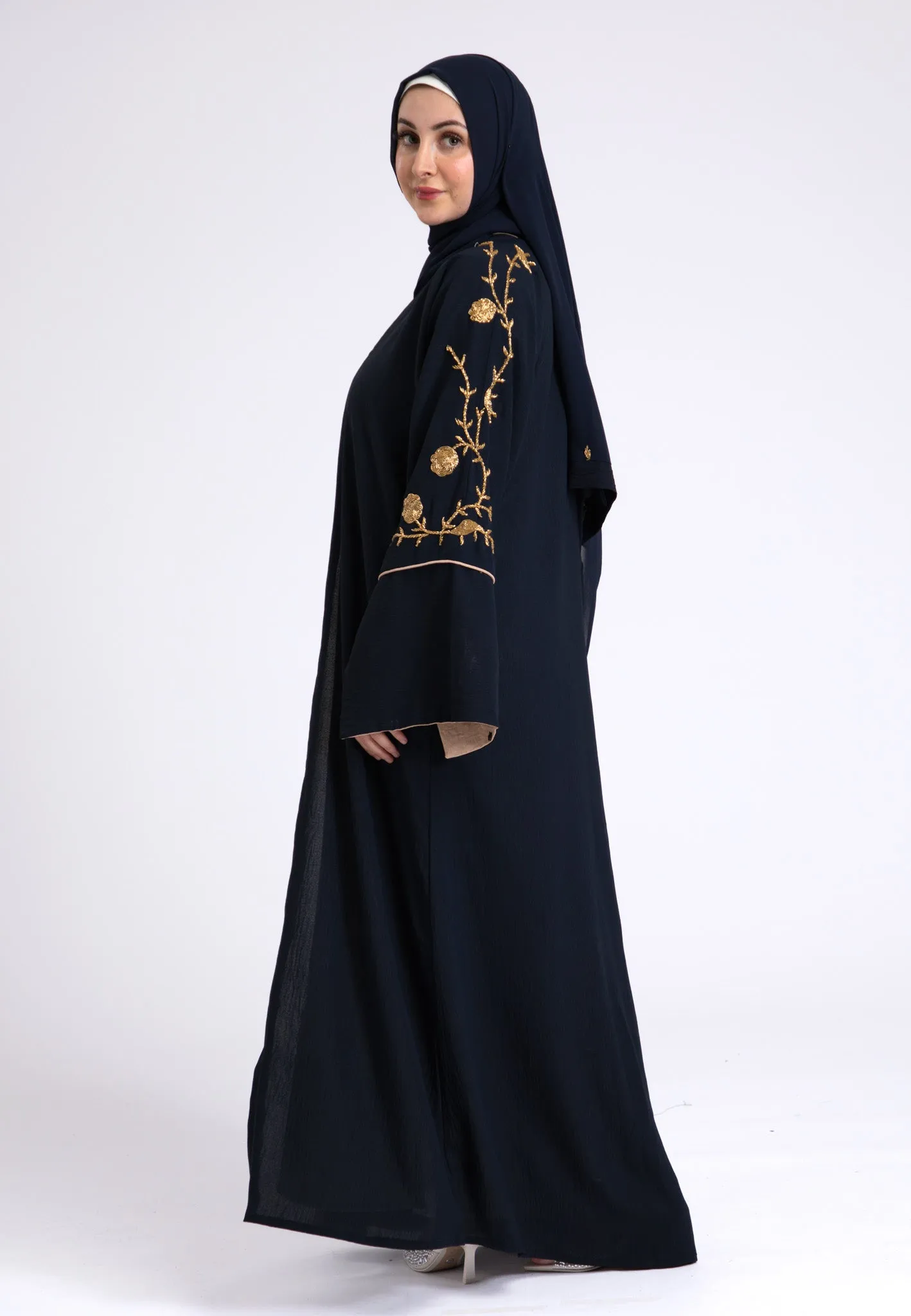 Luxury Midnight Navy Embellished Open Abaya (Premium)