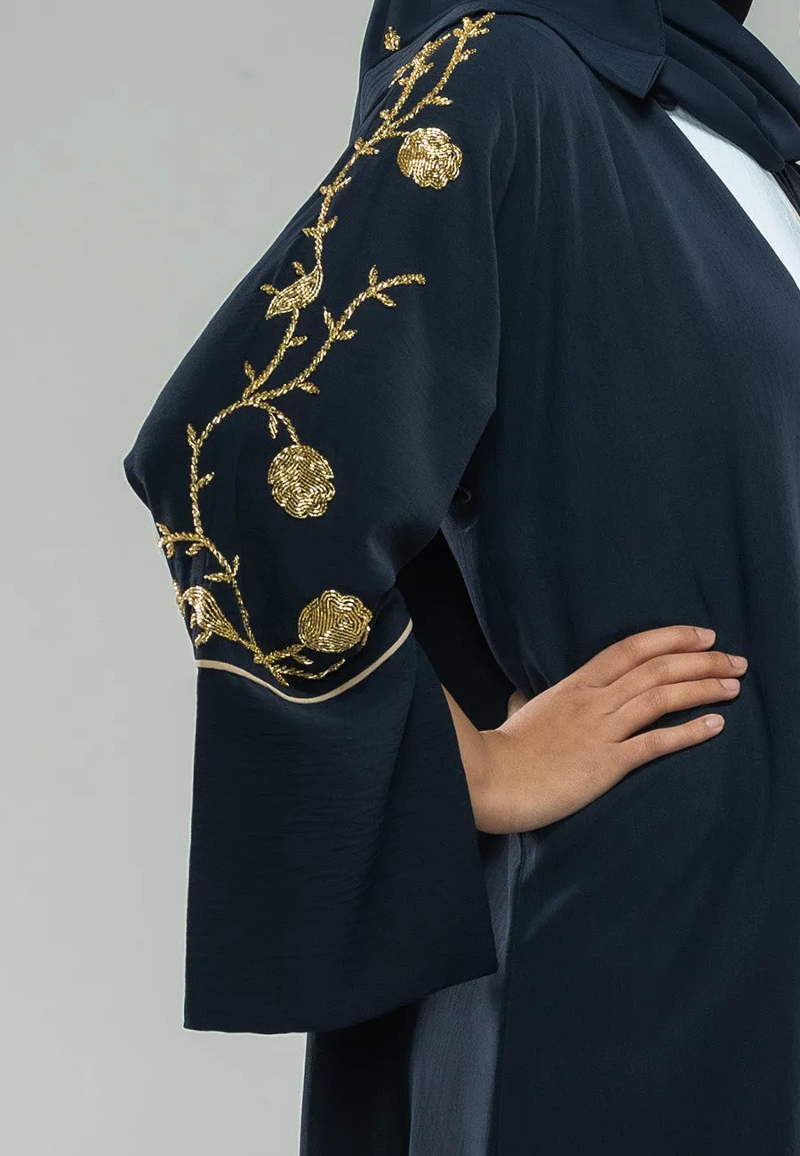 Luxury Midnight Navy Embellished Open Abaya (Premium)