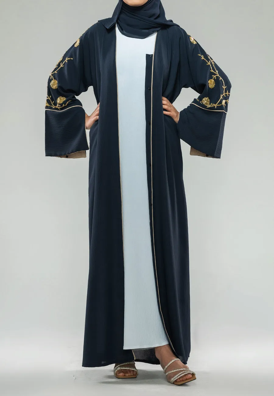 Luxury Midnight Navy Embellished Open Abaya (Premium)
