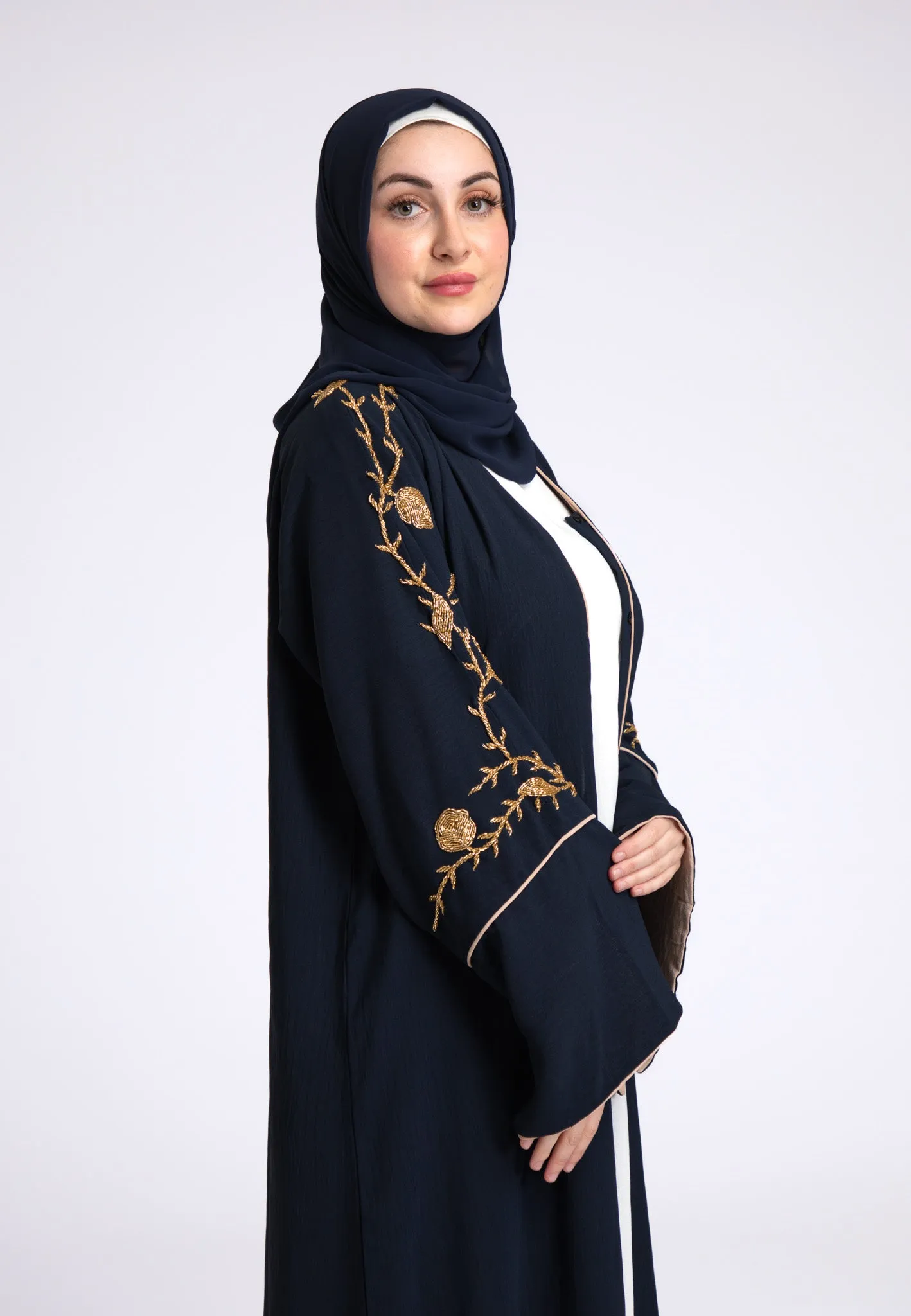 Luxury Midnight Navy Embellished Open Abaya (Premium)