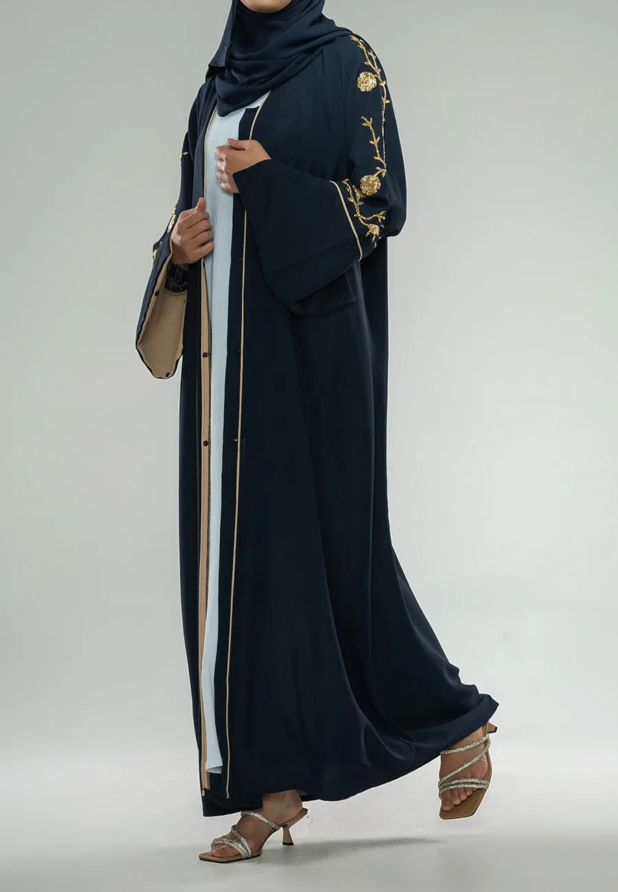 Luxury Midnight Navy Embellished Open Abaya (Premium)
