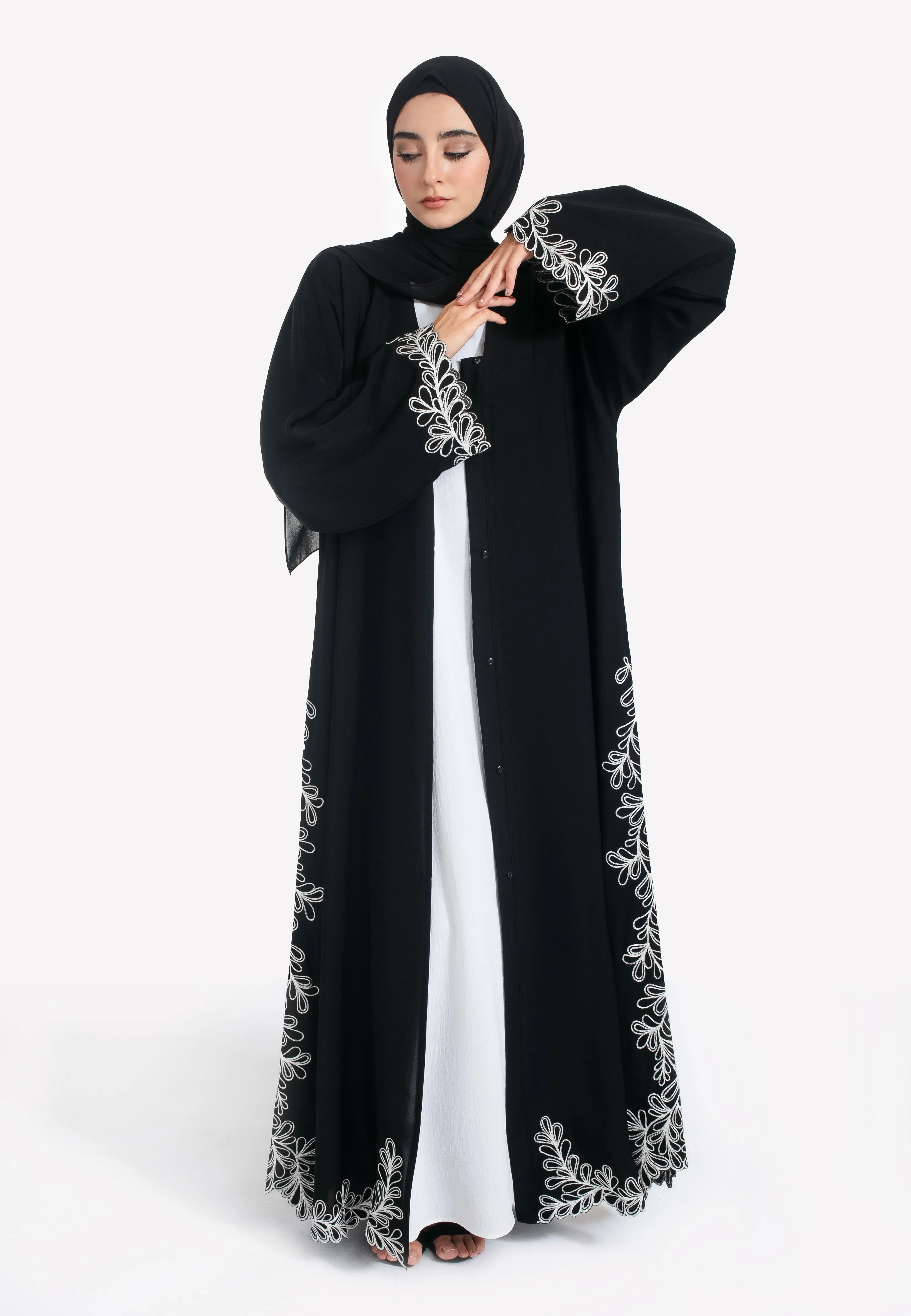 Luxury Noir Khaleeji Embroidered Open Abaya