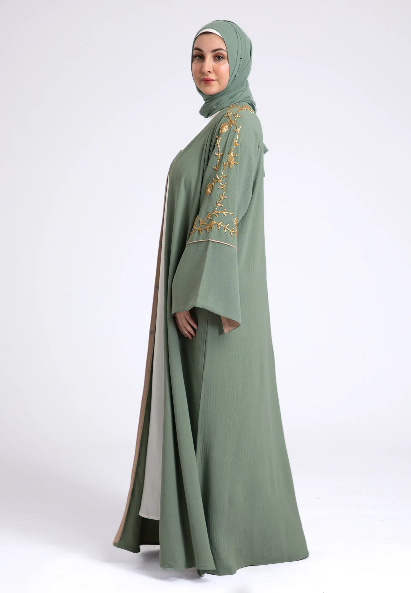 Luxury Sage Green Embellished Open Abaya (Premium)