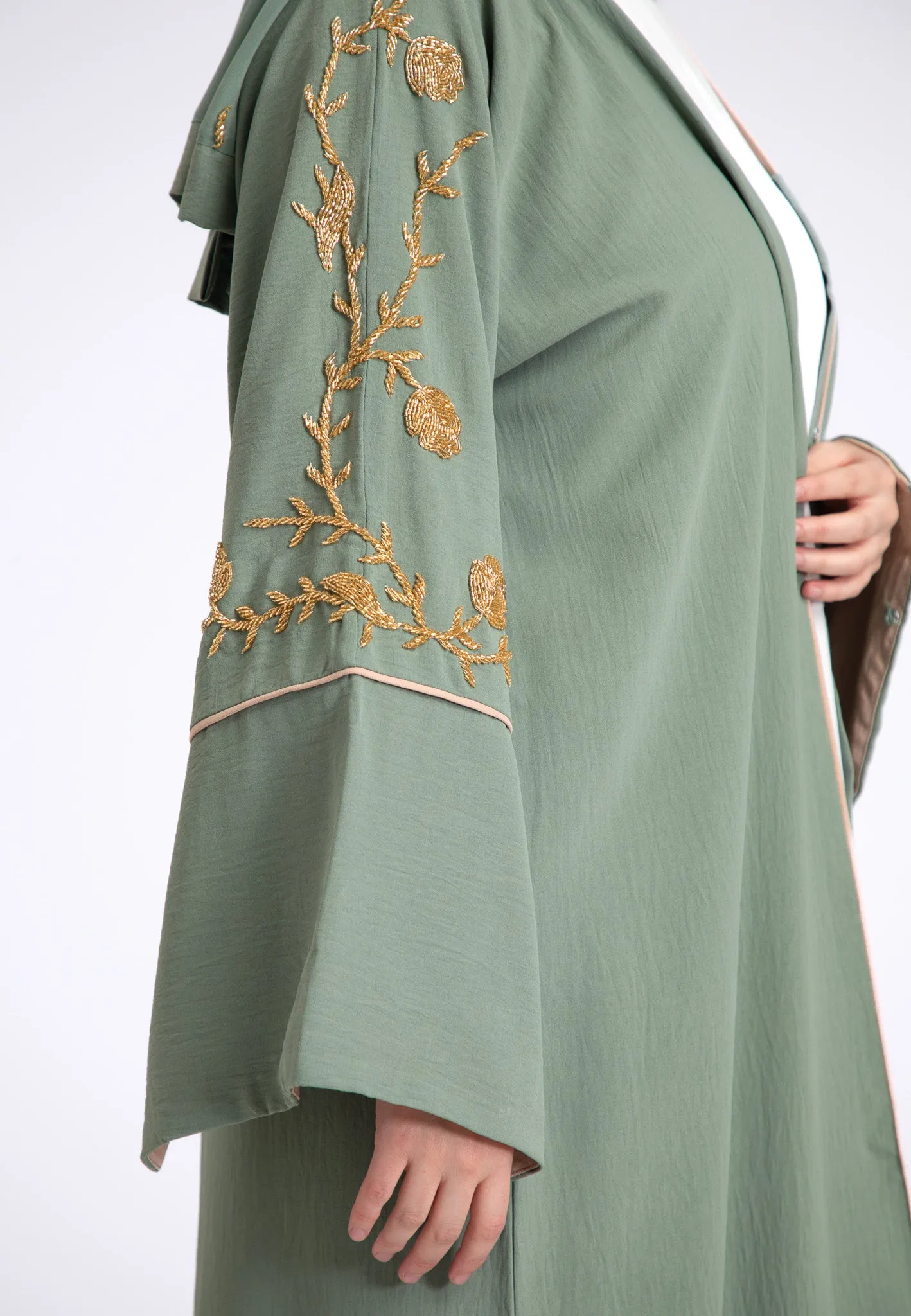 Luxury Sage Green Embellished Open Abaya (Premium)