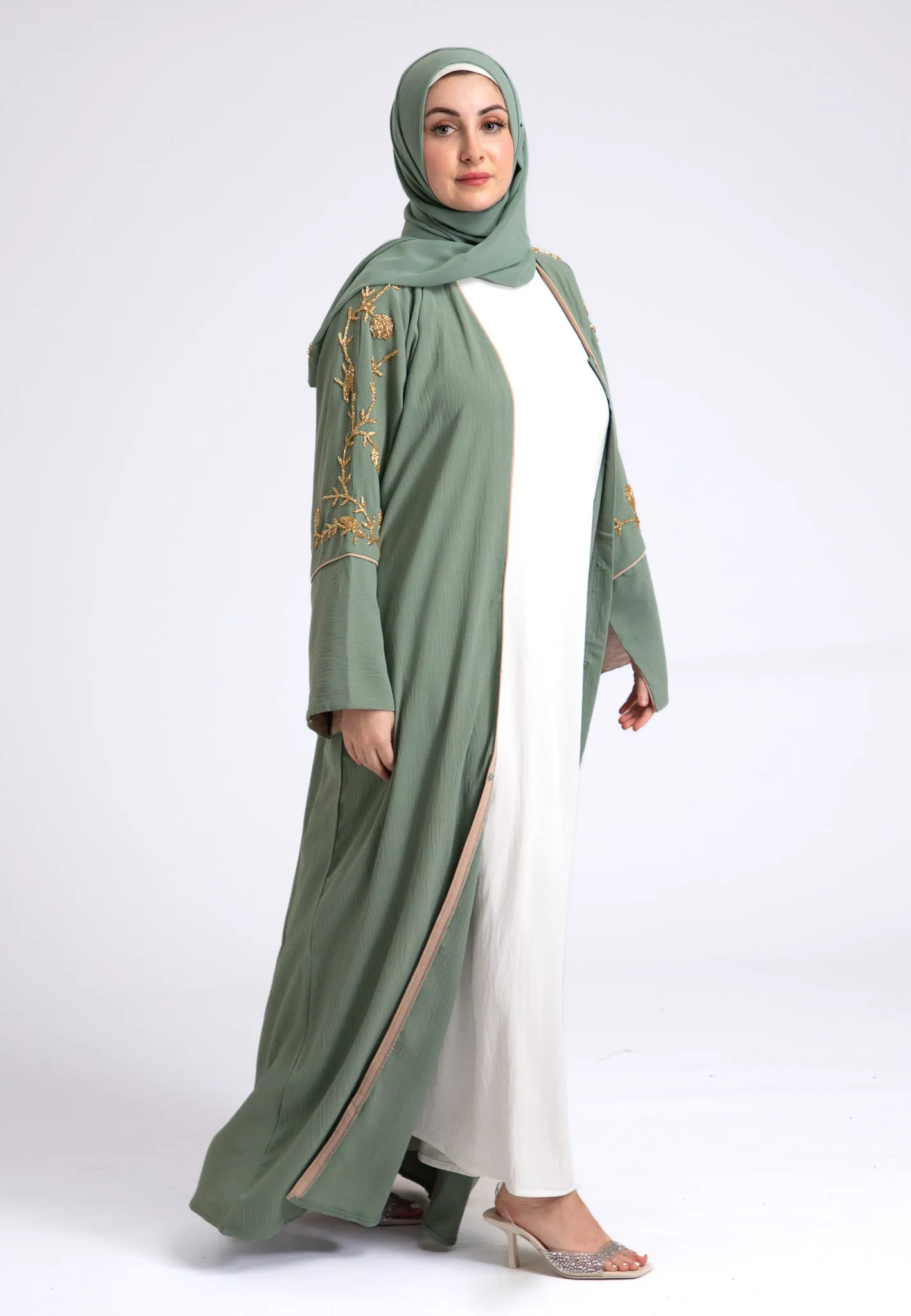 Luxury Sage Green Embellished Open Abaya (Premium)