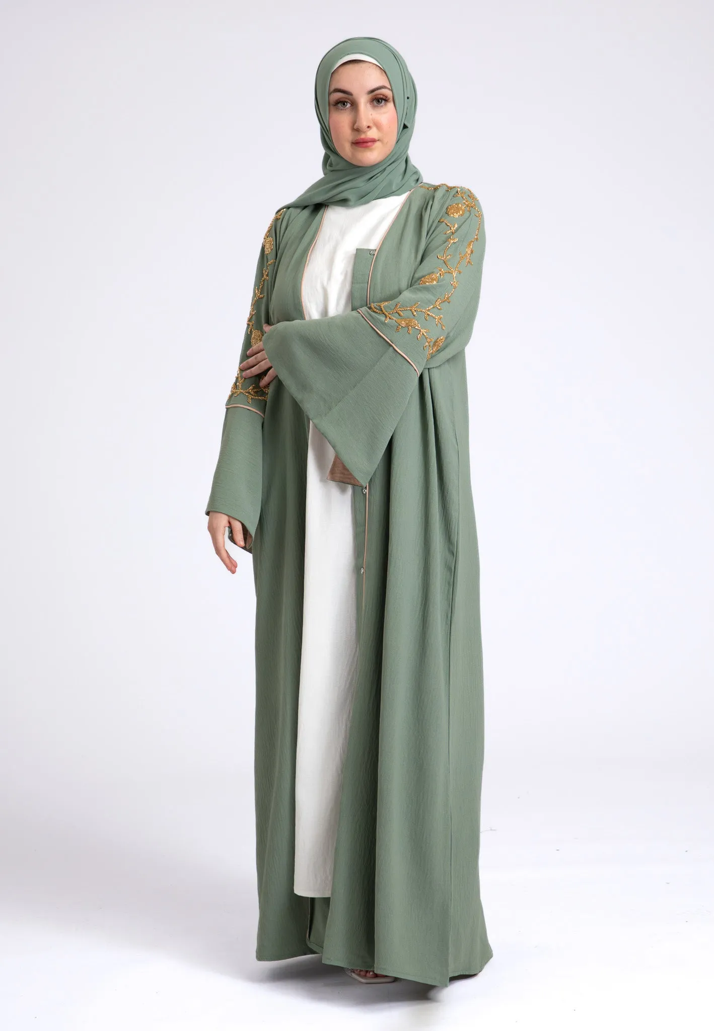 Luxury Sage Green Embellished Open Abaya (Premium)