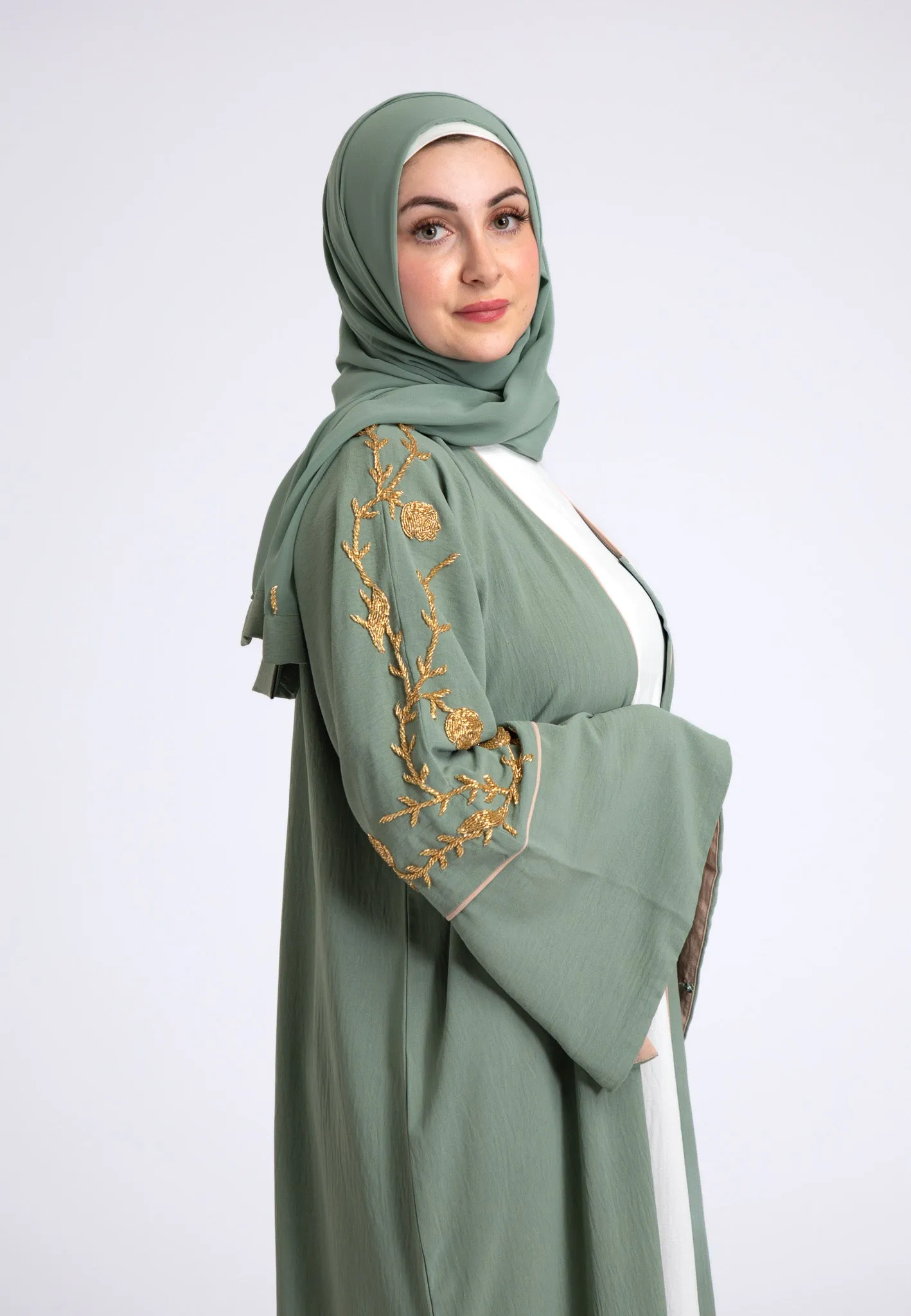 Luxury Sage Green Embellished Open Abaya (Premium)