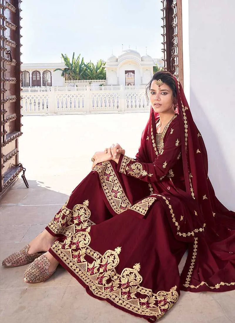 Maroon Heavy Embroidered Sharara Style Suit