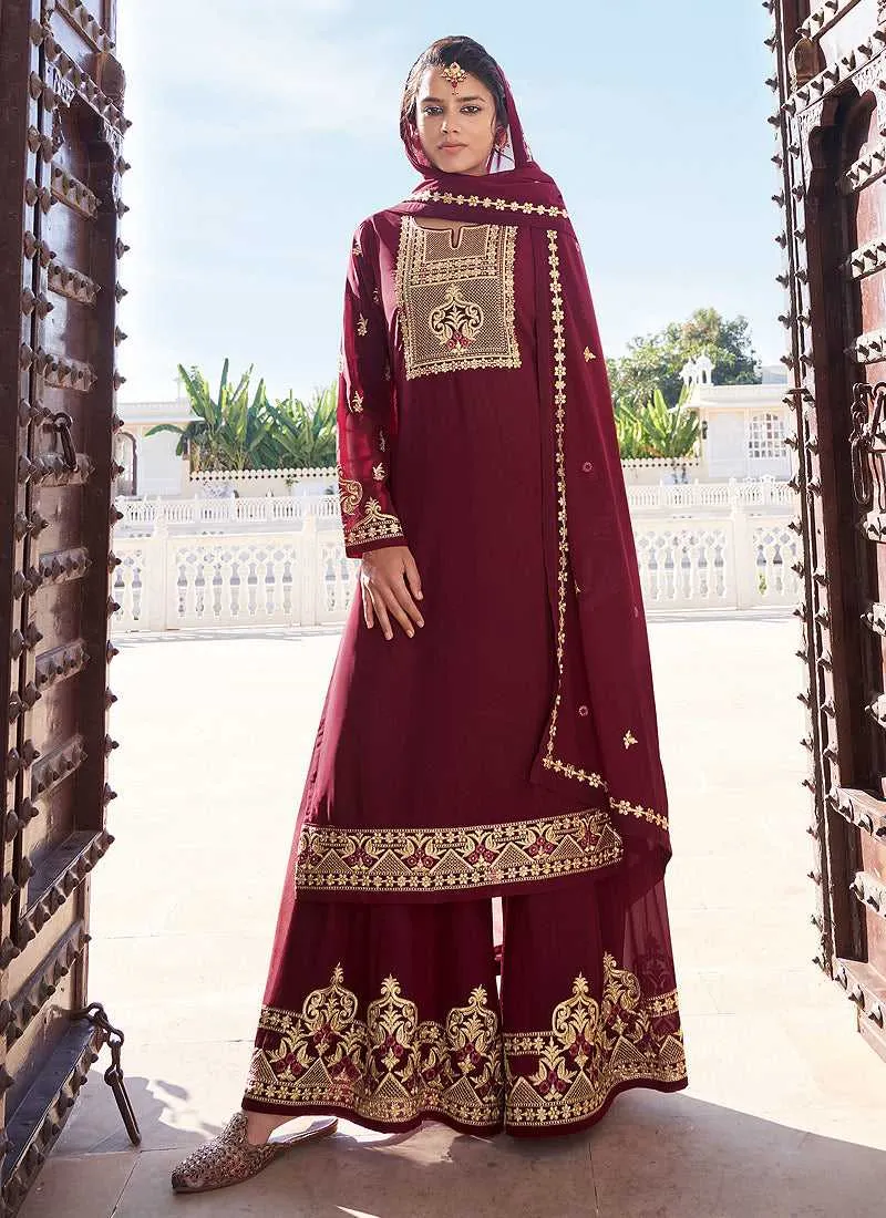 Maroon Heavy Embroidered Sharara Style Suit