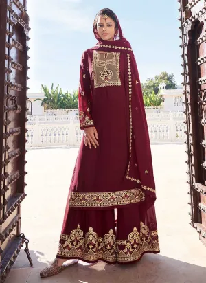 Maroon Heavy Embroidered Sharara Style Suit
