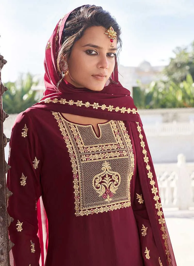 Maroon Heavy Embroidered Sharara Style Suit
