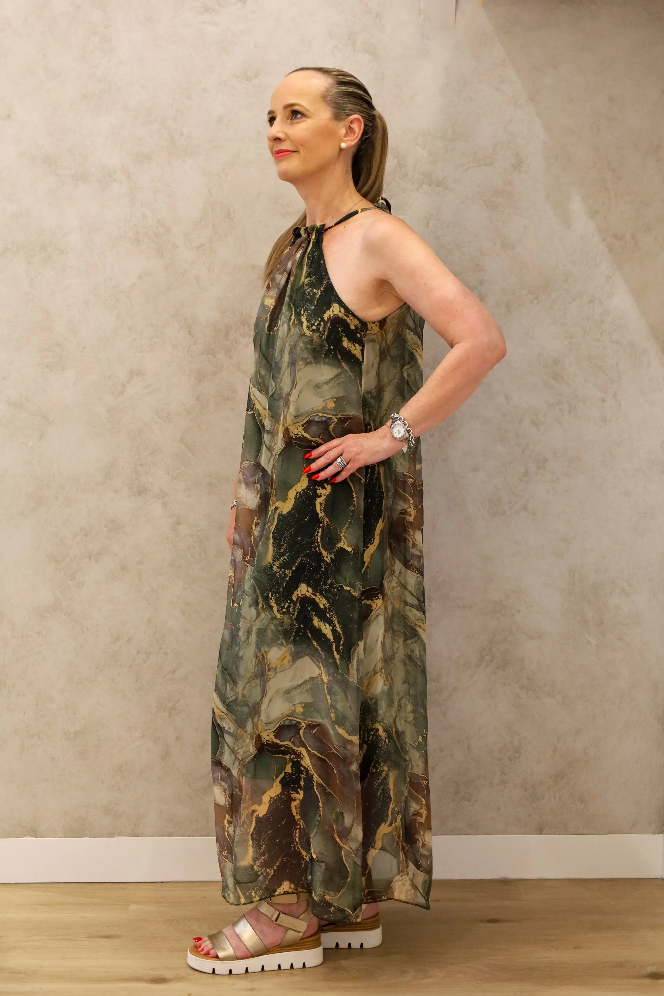 Minali Silk Dress in Khaki