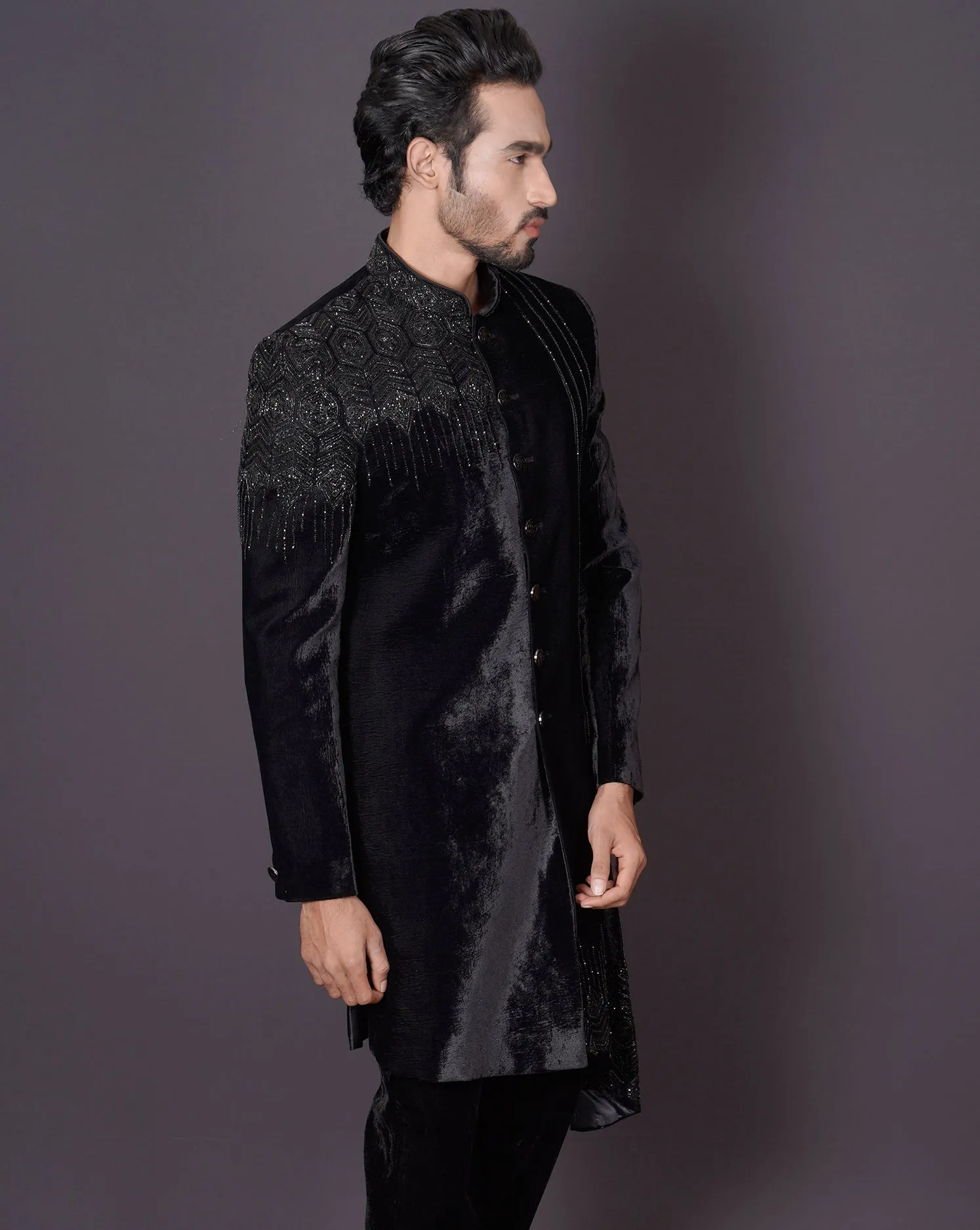 MOF Asymmetrical Black Sherwani