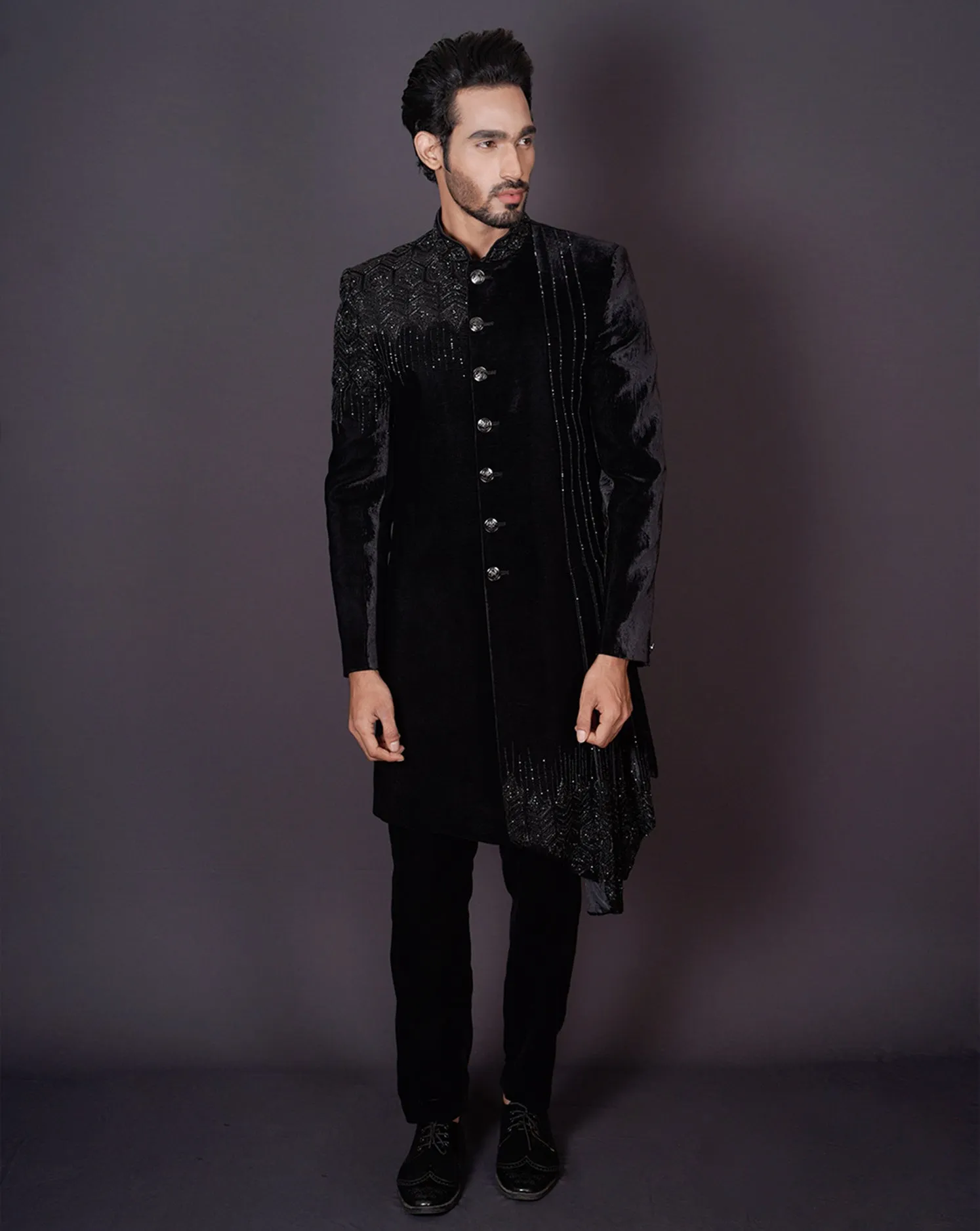 MOF Asymmetrical Black Sherwani