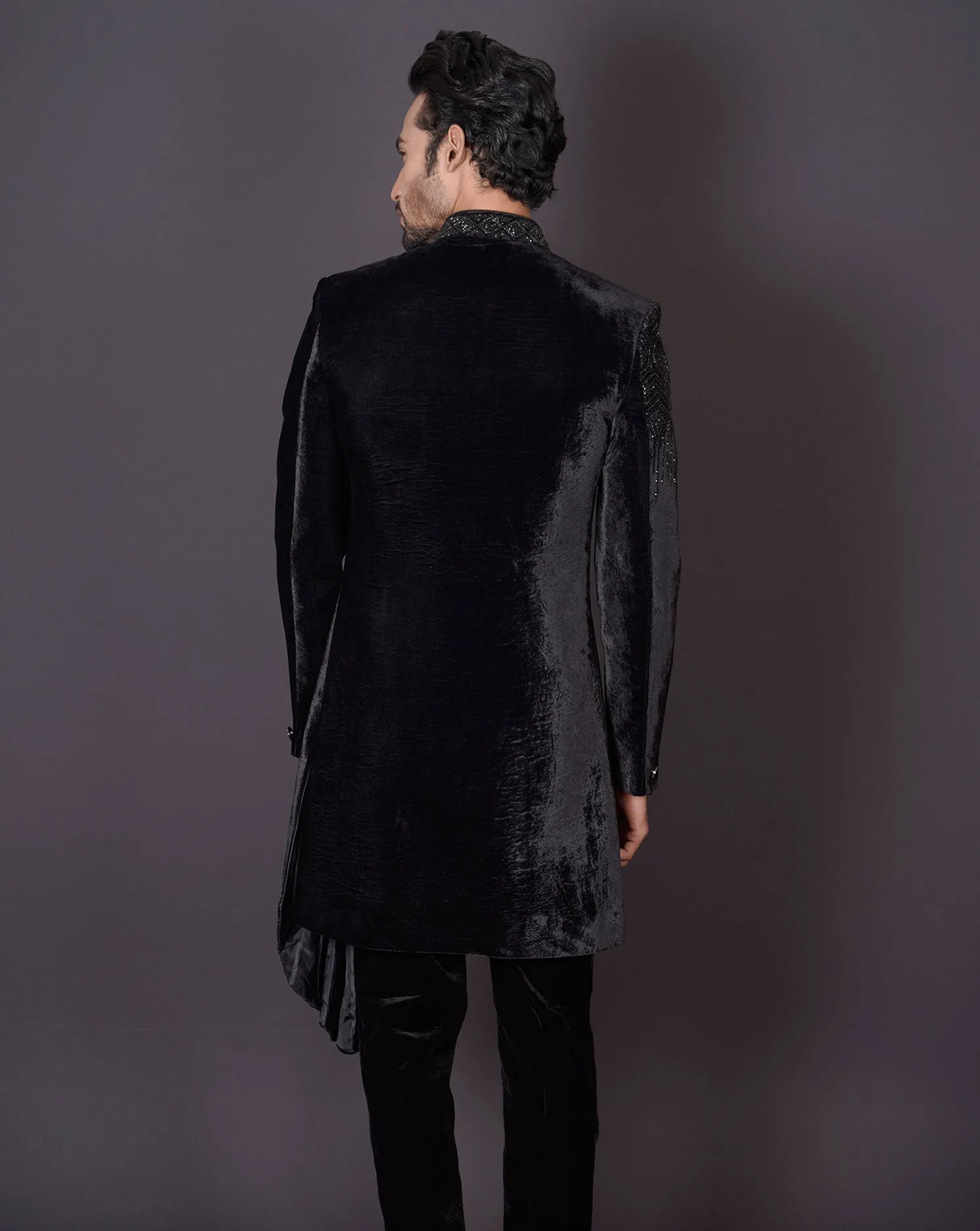 MOF Asymmetrical Black Sherwani