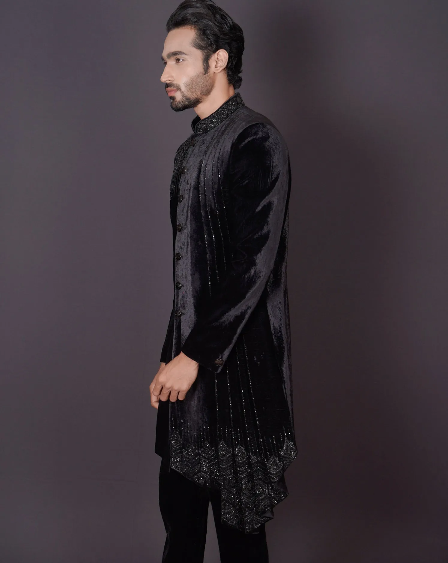 MOF Asymmetrical Black Sherwani
