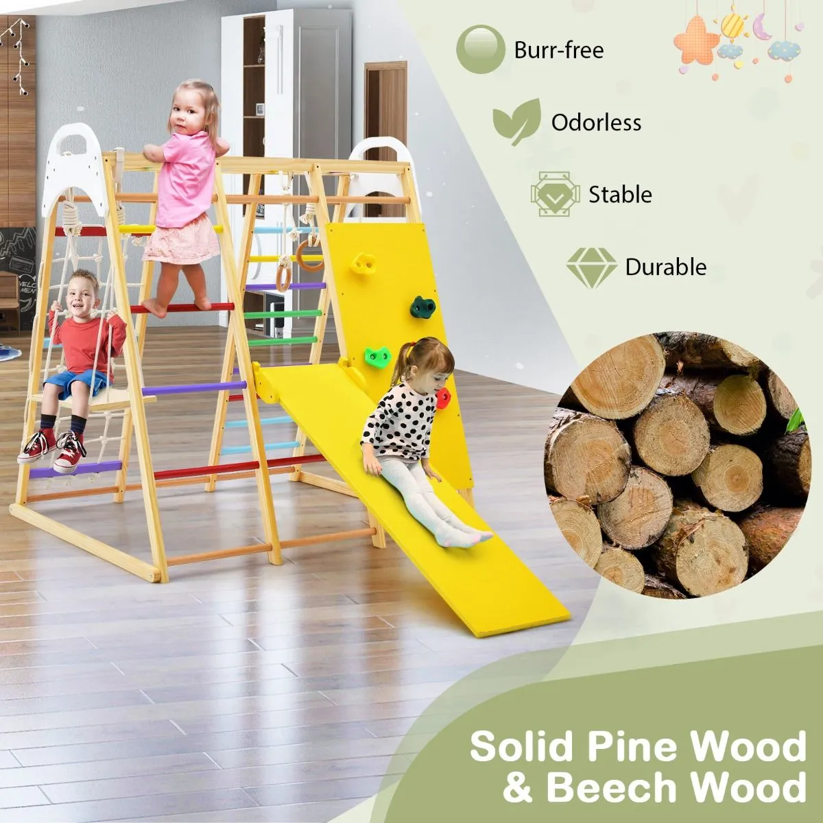 Montessori 8-in-1 Eco Wood Jungle Gym | Climber Play Set | Slide | Monkey Bars | 3 years 