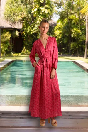NATALIE KAFTAN SEAL EMERALD LONG SILK DRESS