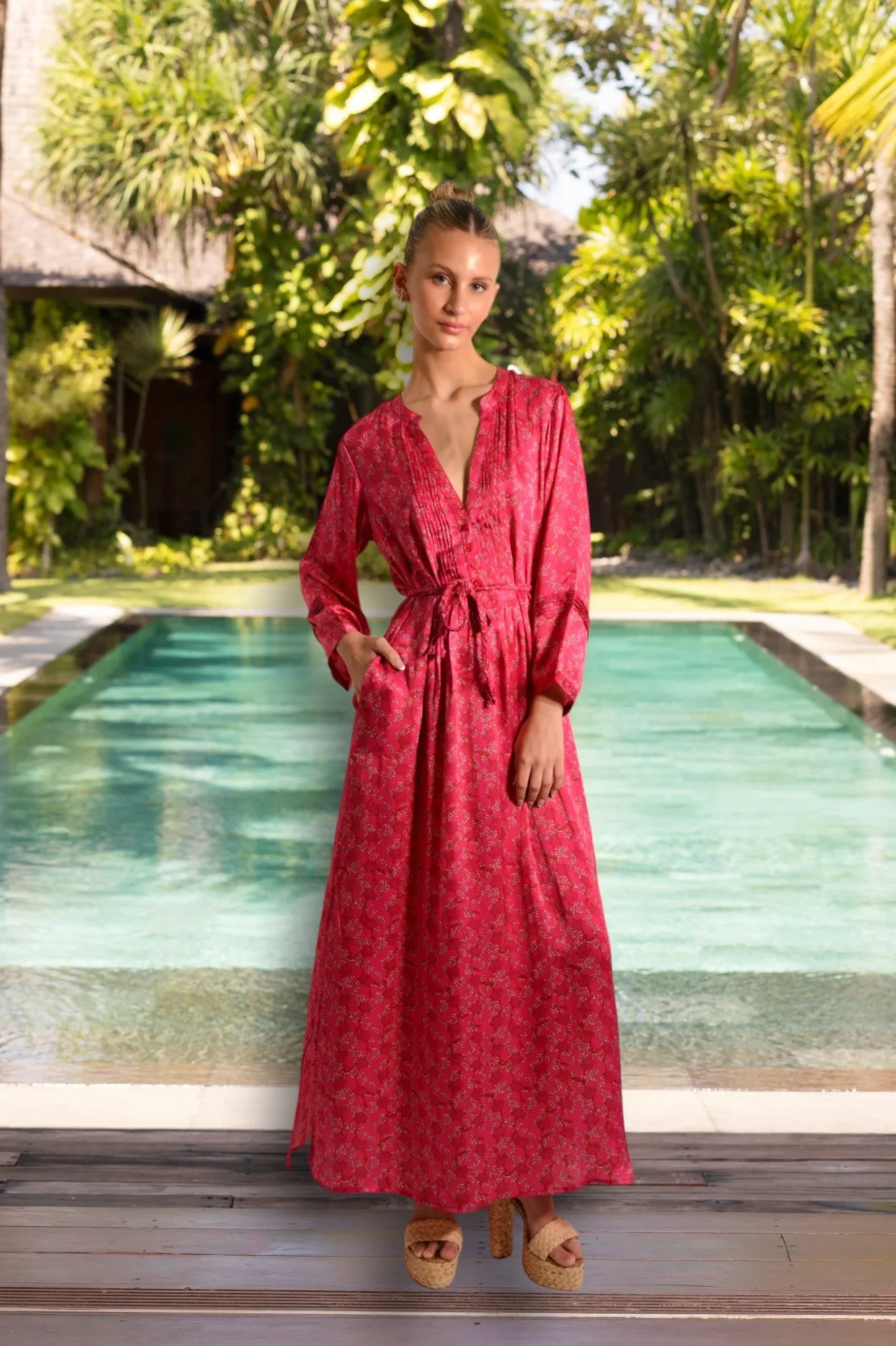 NATALIE KAFTAN SEAL EMERALD LONG SILK DRESS