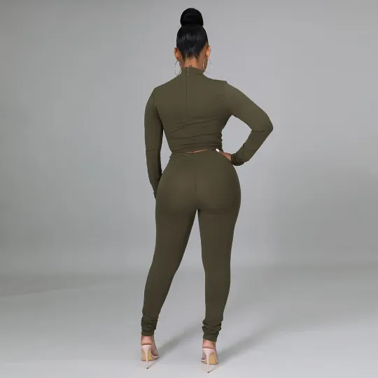 New Women Long Sleeve Crop Top Army Green Tunic Shirt/Casual Leather Patchwork Two Piece Outfit