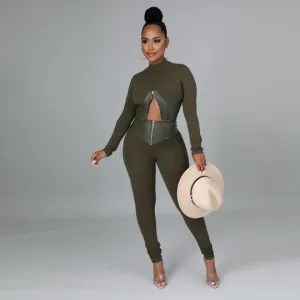 New Women Long Sleeve Crop Top Army Green Tunic Shirt/Casual Leather Patchwork Two Piece Outfit