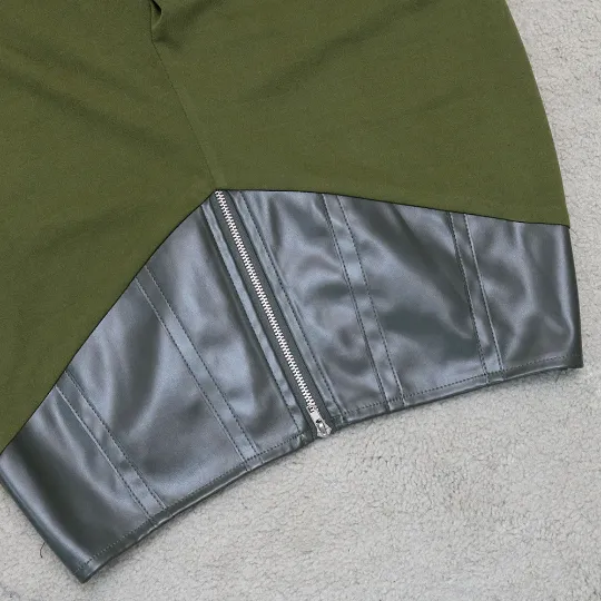 New Women Long Sleeve Crop Top Army Green Tunic Shirt/Casual Leather Patchwork Two Piece Outfit