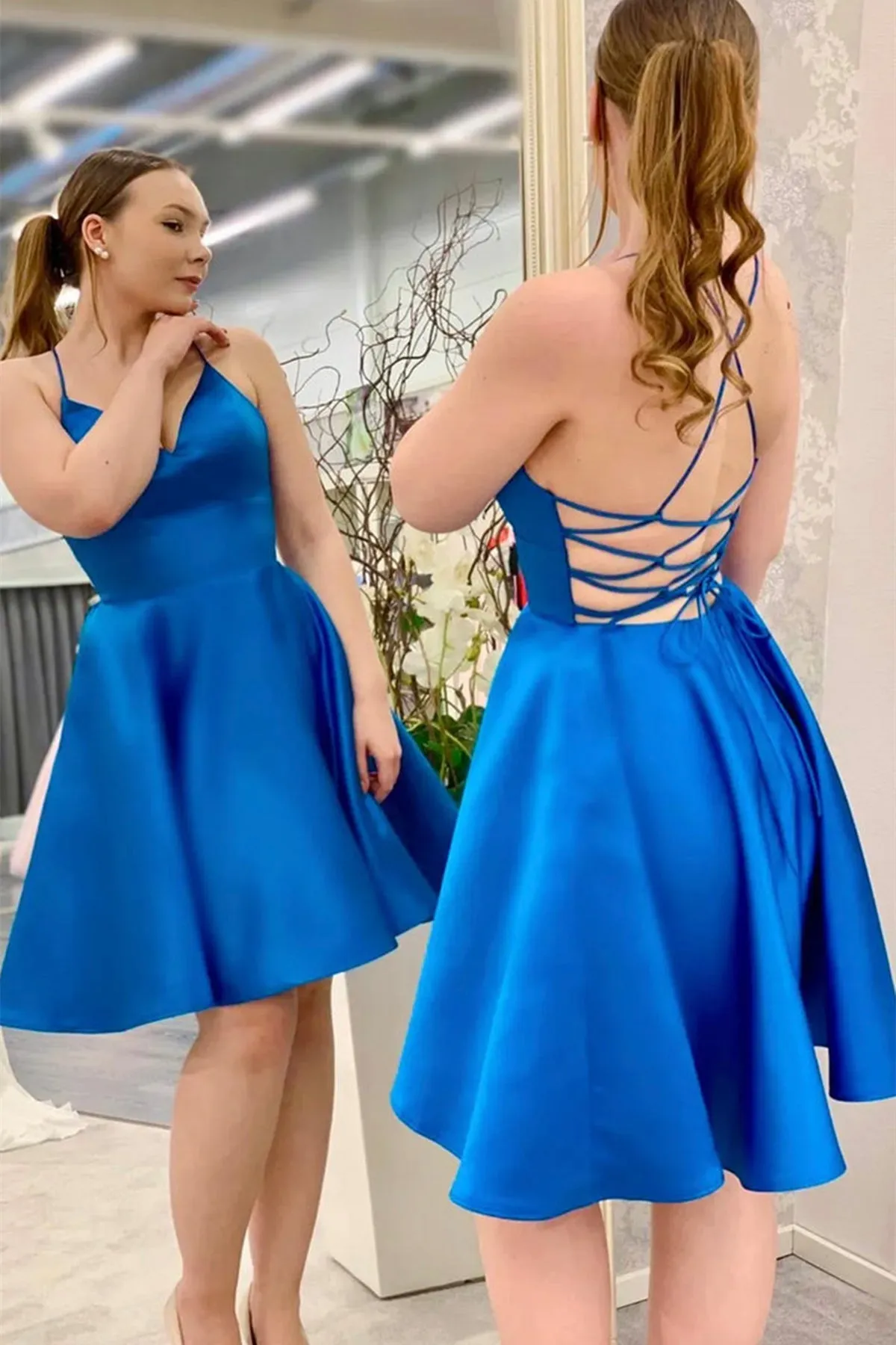 Open Back V Neck Blue Satin Short Prom Homecoming Dress, V Neck Blue Formal Graduation Evening Dress A1606
