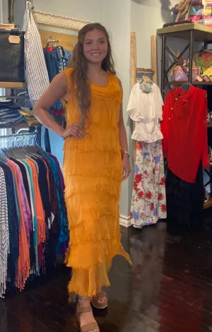 ORANGE Silk Ankle Length Ruffle Dress