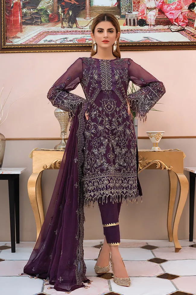 Pakistani designer embroidered chiffon outfit thread embroidered in purple color # P2339