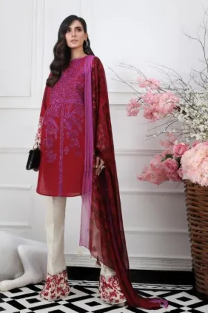 Pakistani embroidered slub dress for casual wear in red color # P2393