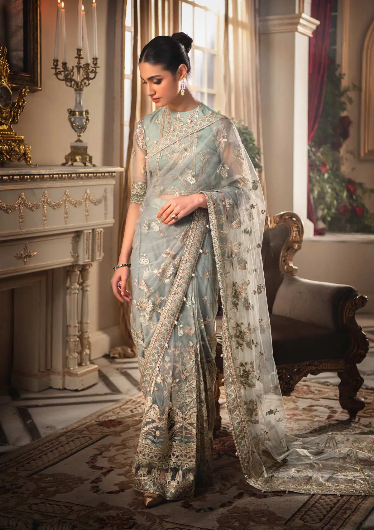 Pakistani Saree Dress in Greenish Grey Shade #PF460