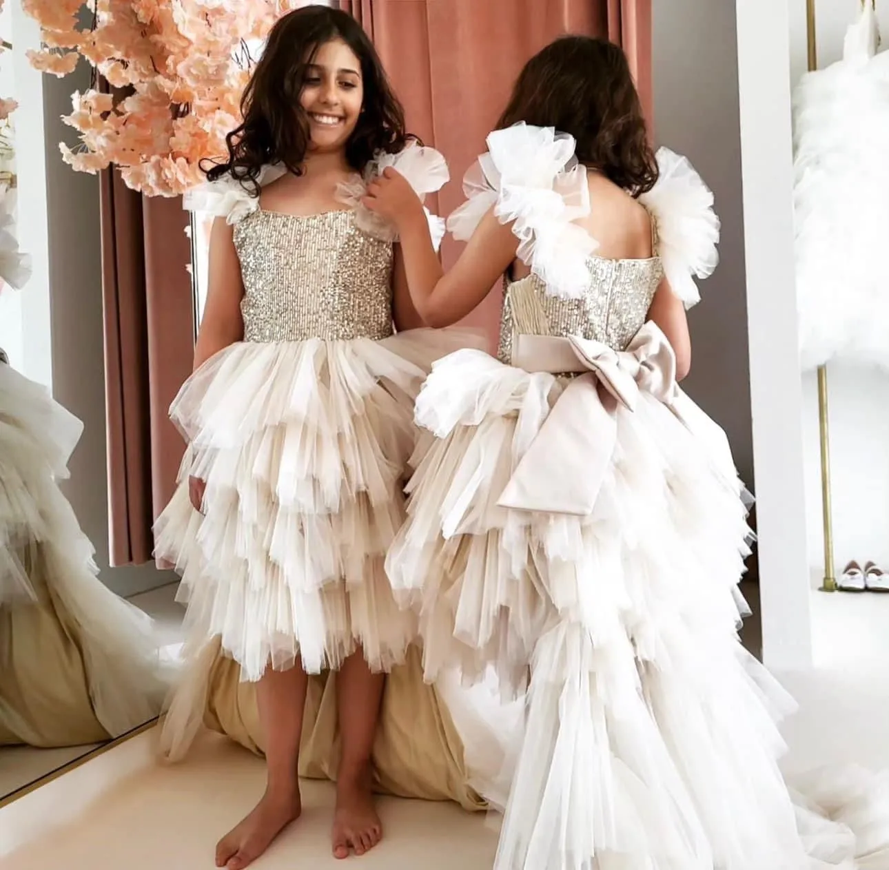 Pearl White Tulle Dress for Teenage Girls with Detachable Train